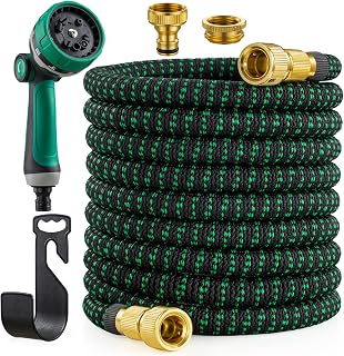 JUNEBOW Garden Hose 100 ft/30m, Expandable Water Hose with 10 Function Nozzle, Lightweight Flexible Hose with 3/4"&1/2" Solid Brass Fittings and 3-Layer Latex Core