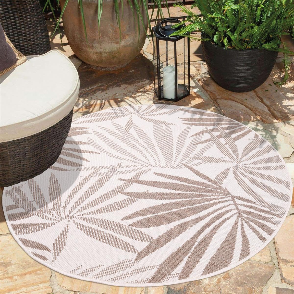 carpet city Dywan do wnętrz i na zewnątrz, beżowy, kremowy – dywan dwustronny – 160 cm okrągły – kwiatowy wzór – odporny na warunki atmosferyczne na balkon, taras – nowoczesny dywan do wnętrz do