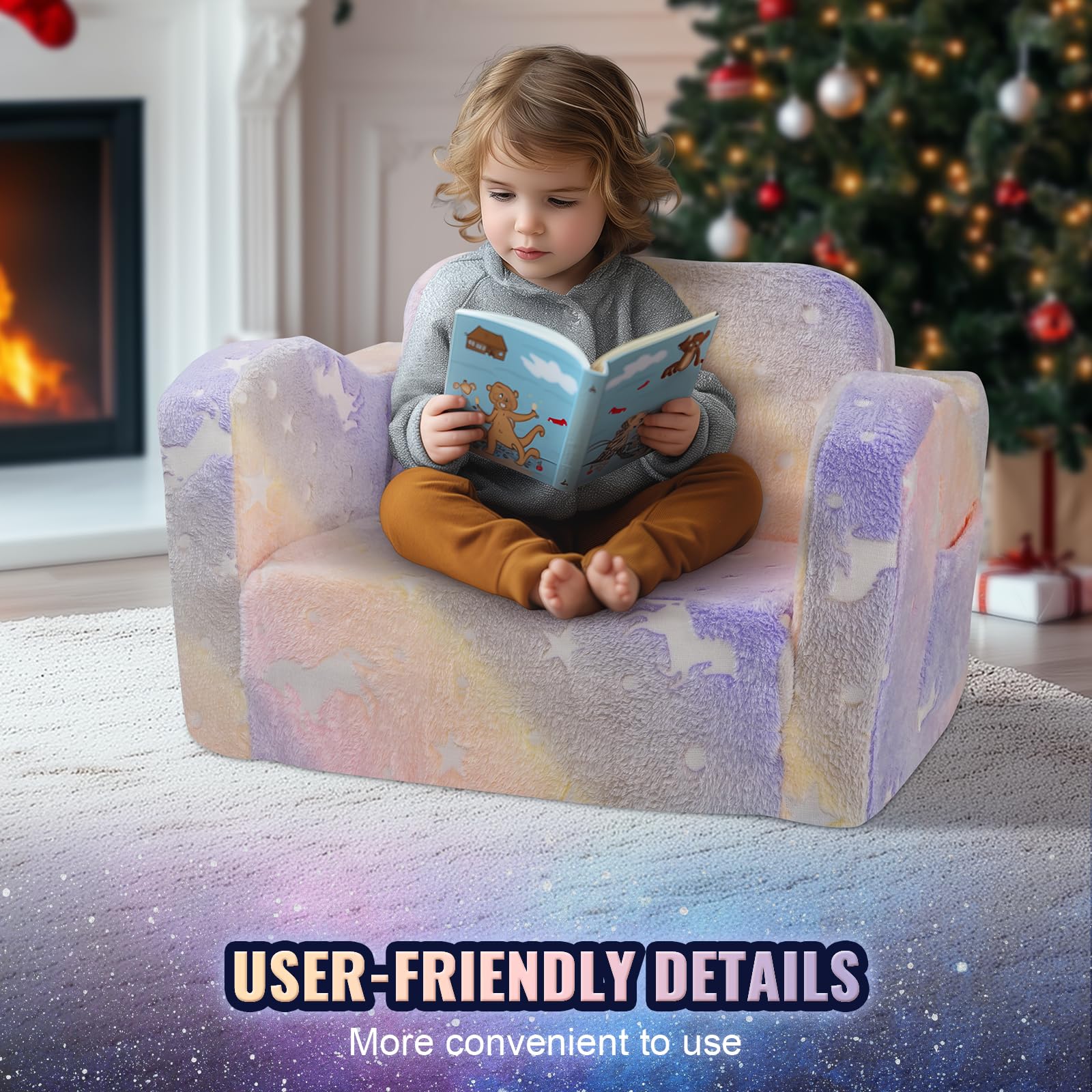VEVOR Seggiolone Pieghevole 2 in 1, Divano Letto per Bambini Comodo, Divano Schiuma 25D Convertibile, Mobili da Sala Giochi per Bambini Arcobaleno
