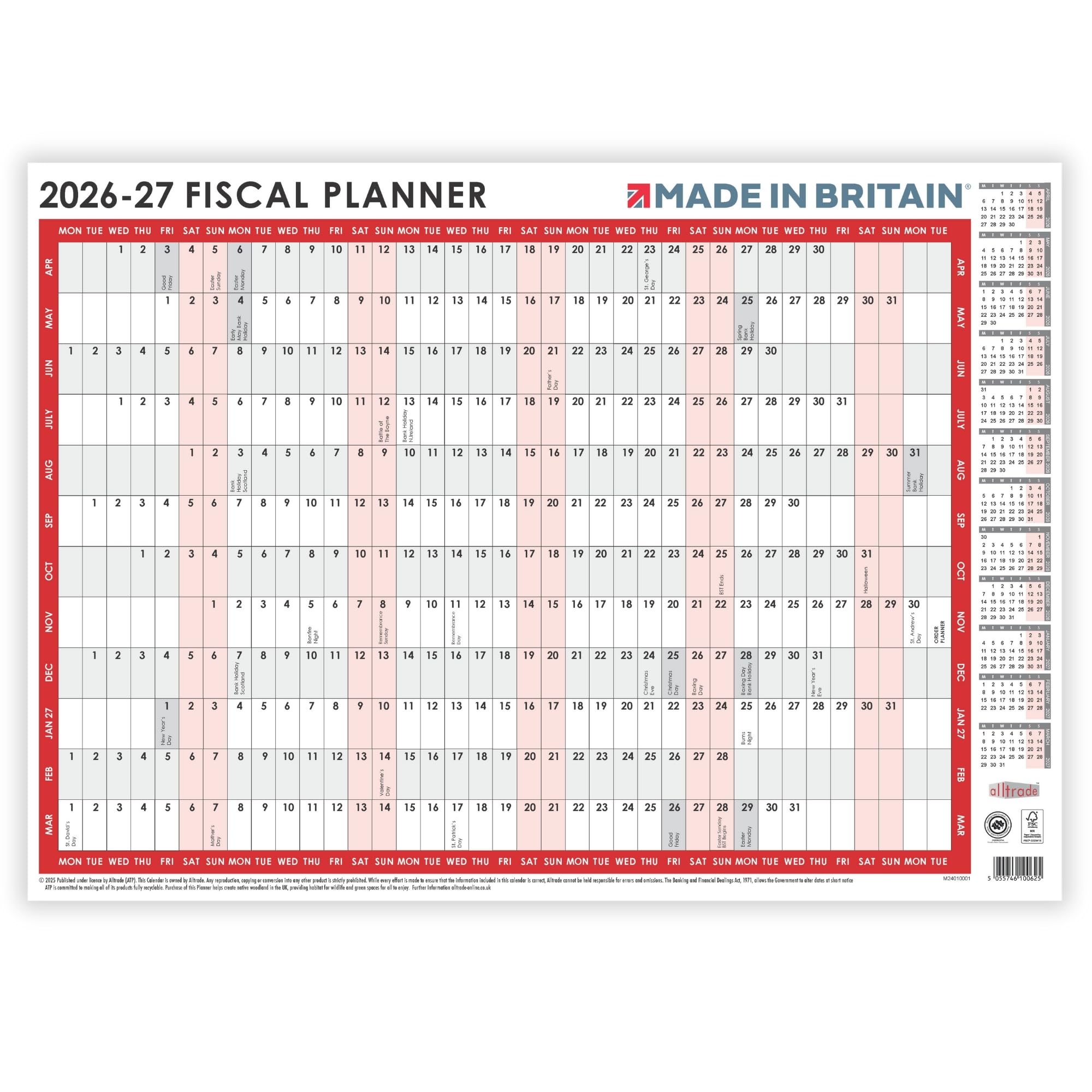 ALLTRADE Wall Planner Fiscal/Financial Year 2026-2027. 42x30cm. April 2026 - March 2027 UK Holidays Financial/Fiscal Perfect Planner for Your Wall, Study, Home, Office. (A3) — image 1