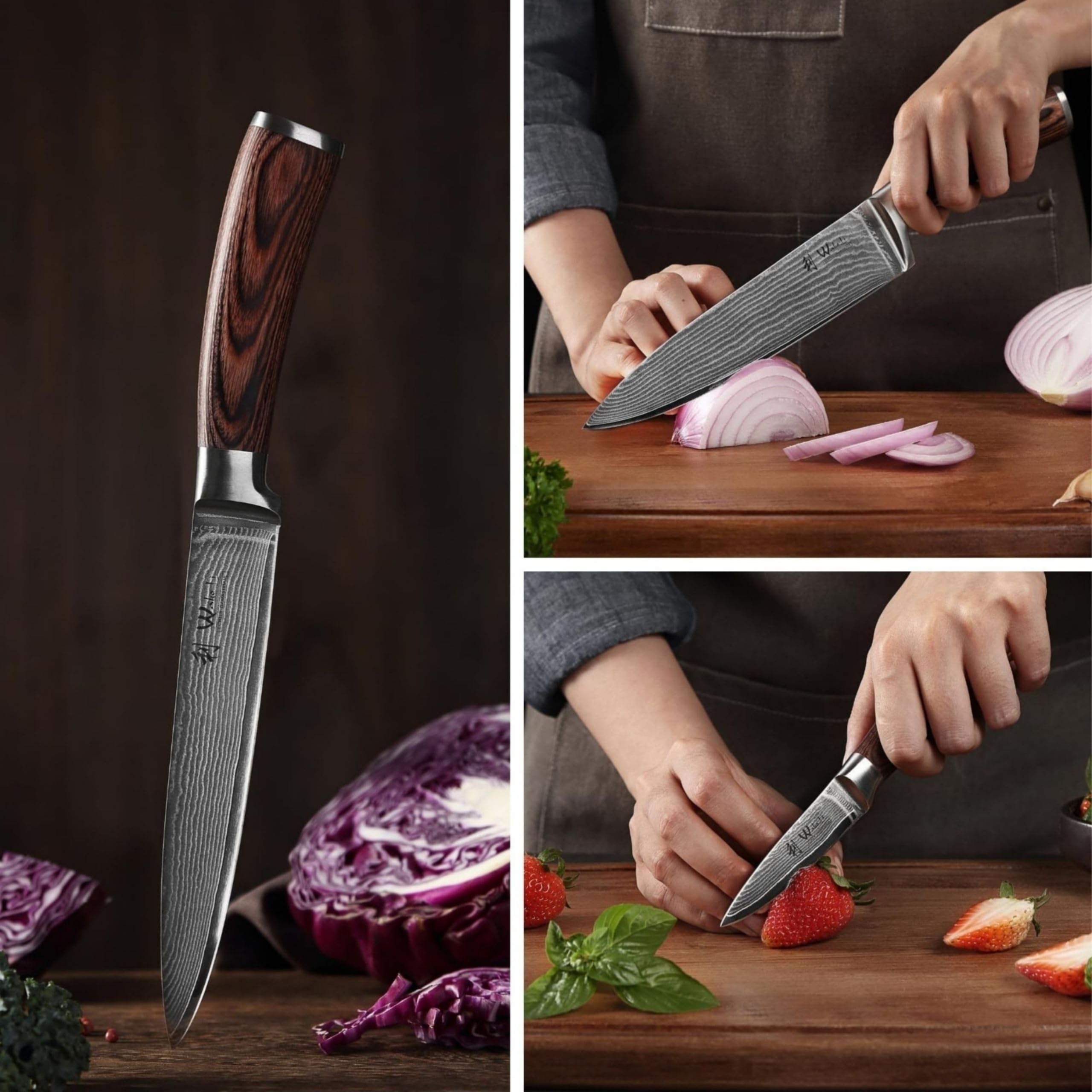 WAKOLI EDIB Set de 5 Couteaux de Cuisine Professionnels en Acier de Damas | avec des lames à 67 couches, un noyau VG10, des manches en bois de pakka, présentés dans un élégant coffret en bois