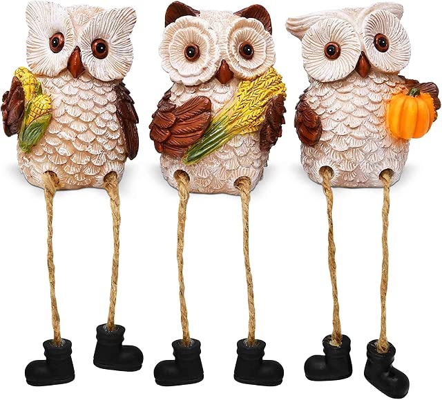 Gift Boutique Thanksgiving Owl Figurines Set of 3 Fall Shelf Sitters Dangling Legs Wheat Pumpkin Corn Autumn Harvest Sculpture Kitchen Tabletop Decor