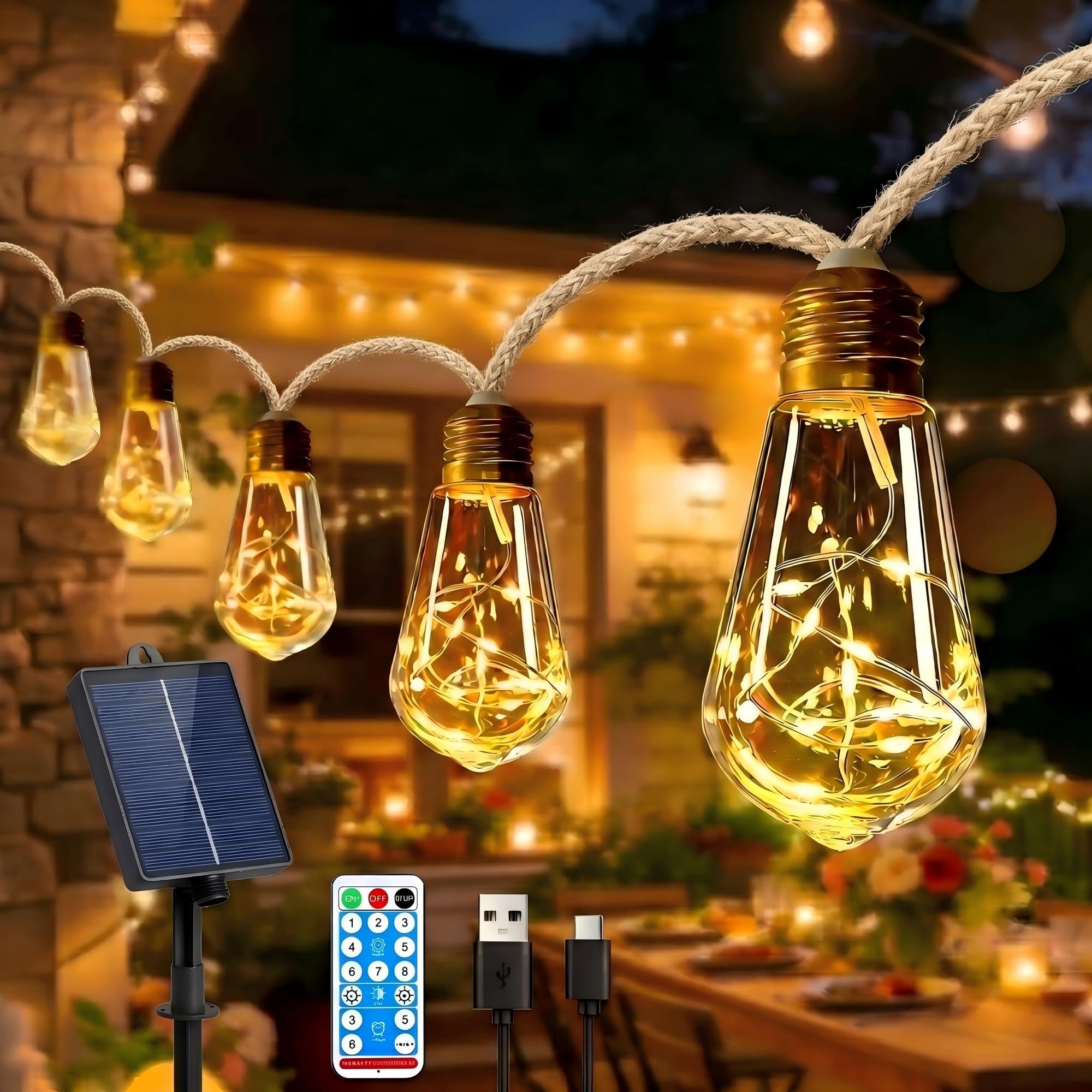 KDGOFUO Solar Lichterkette Außen, mit 16 LED-Lampen Warmweiß, 8M Lichterketten Außen Wetterfest, mit 8 Modi Dimmbar Timer USB-C und Fernbedienung für Garten Balkon Terrasse Camping Hochzeit Party