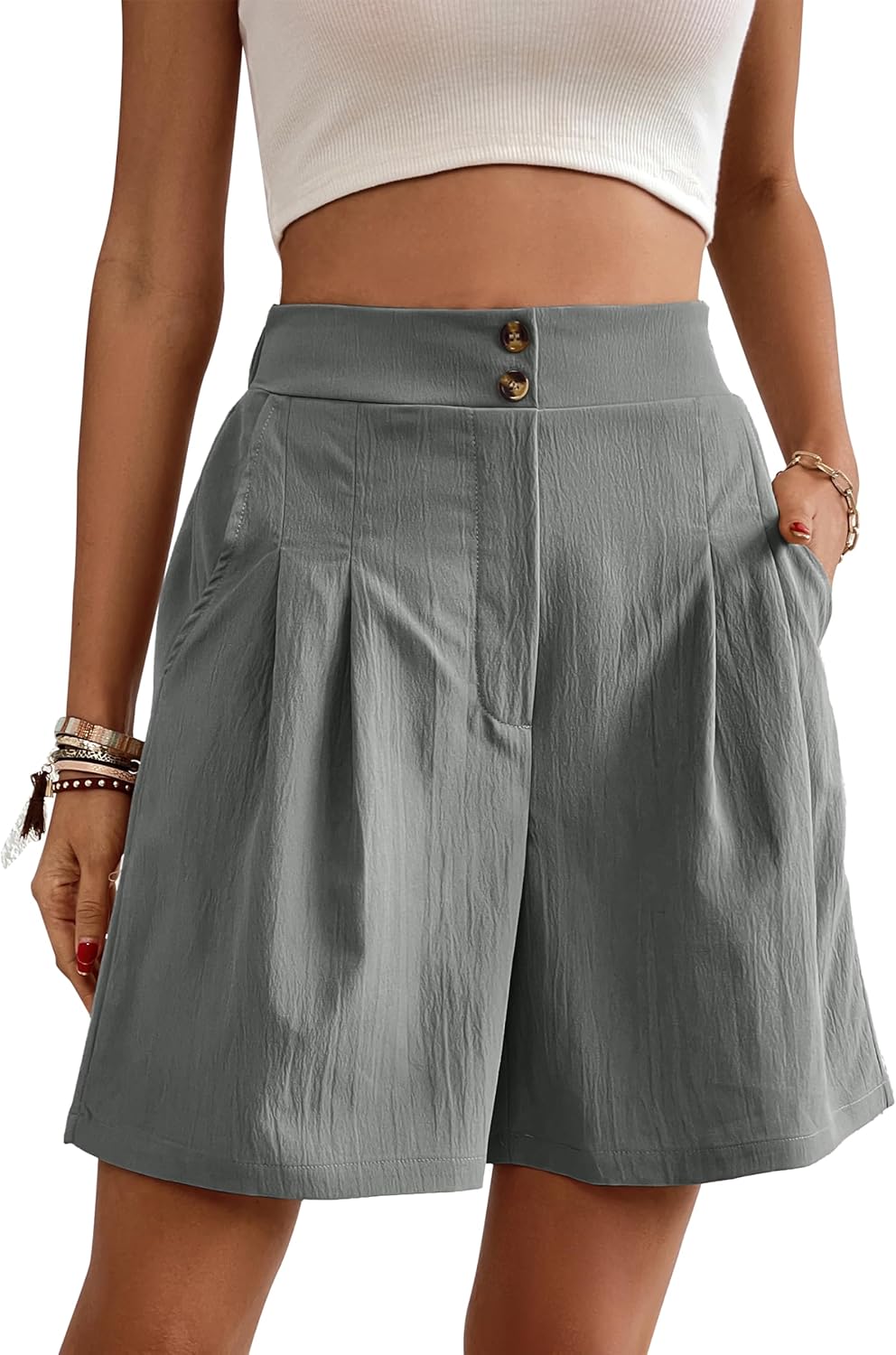 Womens Elastic High Waisted Shorts Summer Casual Pleated Work Shorts with Pockets