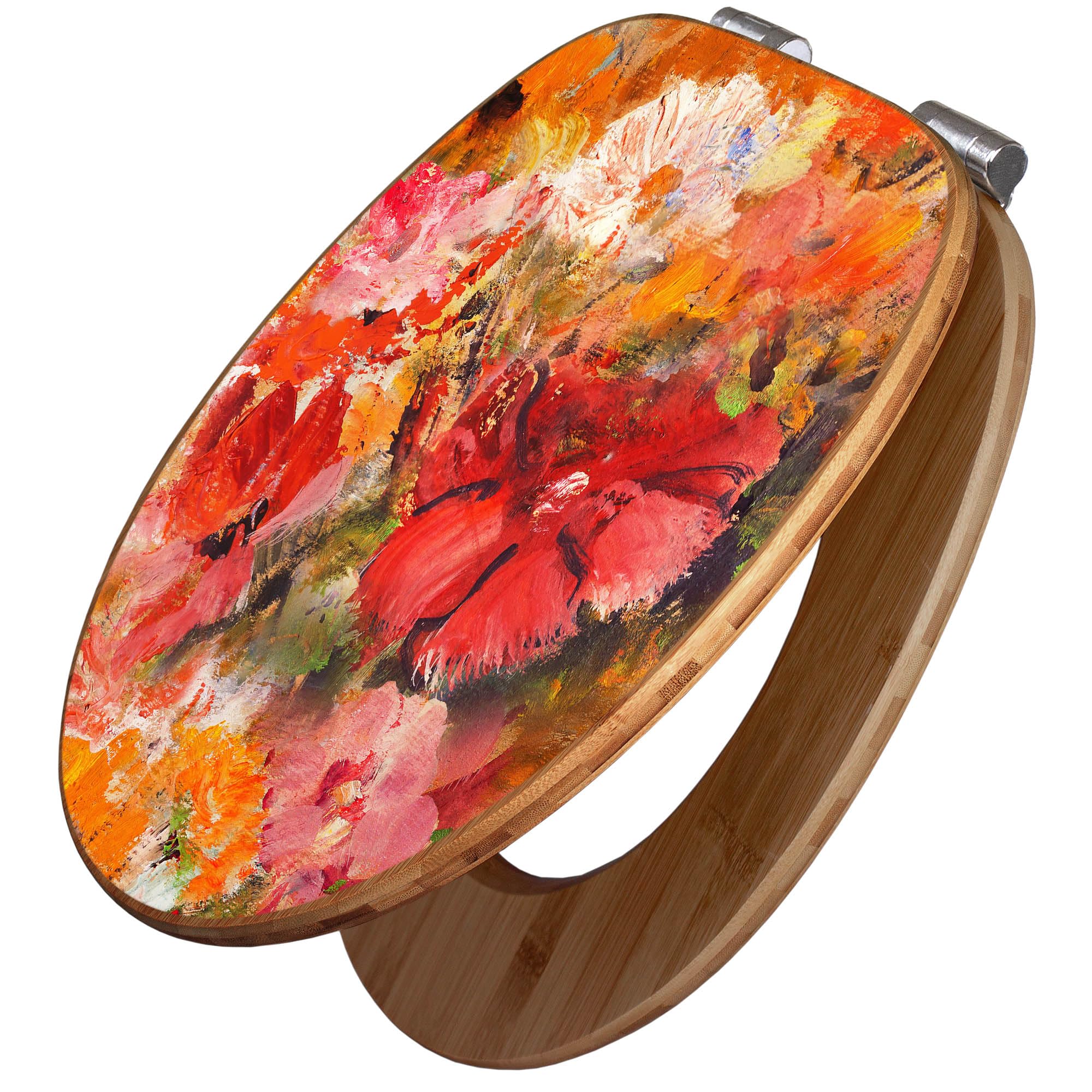 banjado Design WC Sitz Bambus Absenkautomatik 45,8x37,5cm - Toilettendeckel mit Absenkautomatik Holz - hochwertiger Bambus Klodeckel - WC-Sitz für gängigen Toiletten - Motiv Fallende Blumen