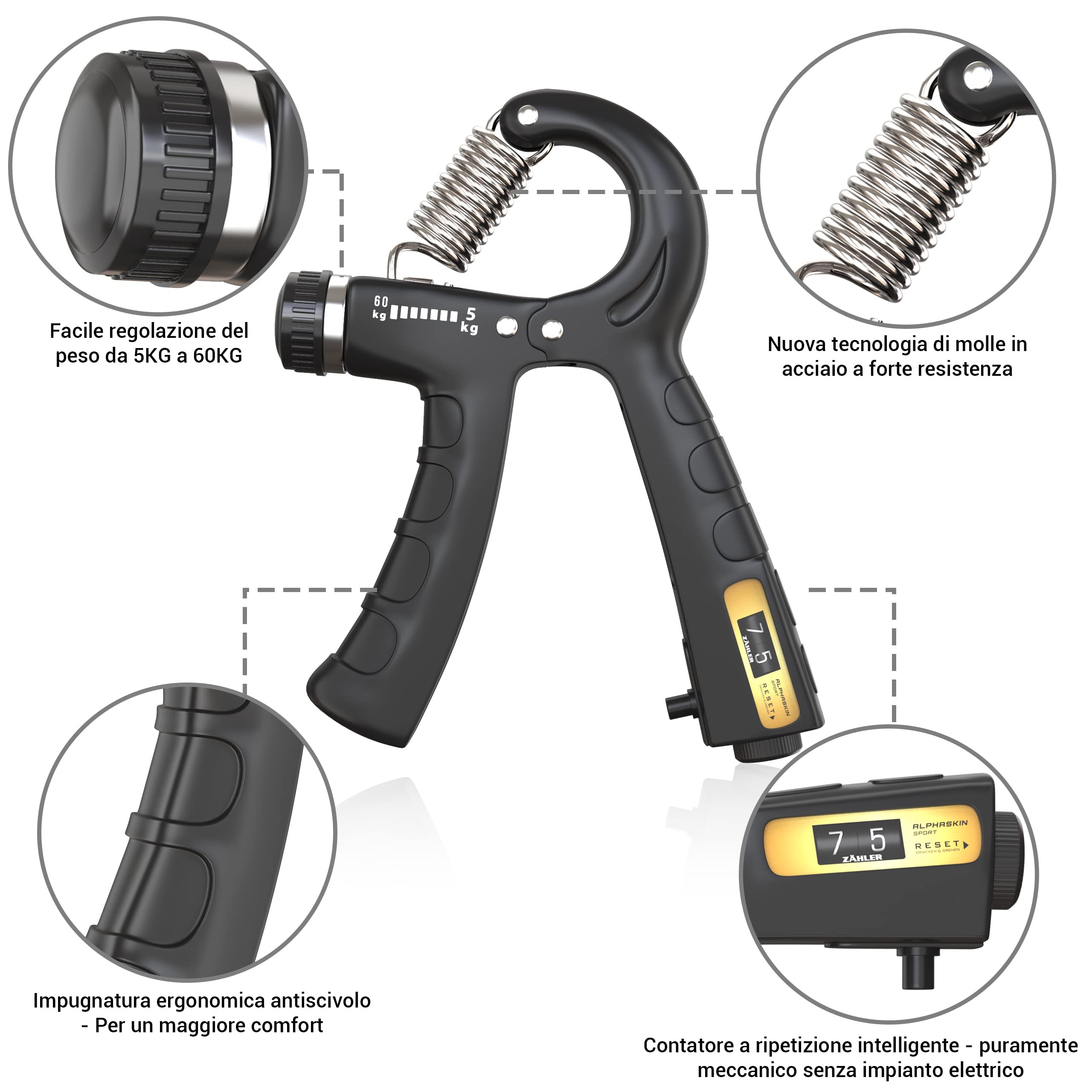 ALPHASKIN© Allenatore della Mano | Hand Grip | Allenatore della Forza della Presa | Set da 2 o Set da 5 | Attrezzi Palestra | Attrezzi Palestra casa