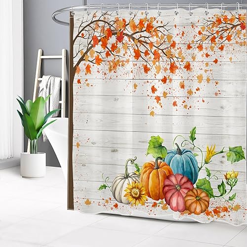 Miniatura 2 de LB Fall Pumpkin Shower Curtain Sets with Rugs Orange Maple and Sunflower with Green Leaf on Wood Fabric Shower Curtain with Hooks Farmhouse