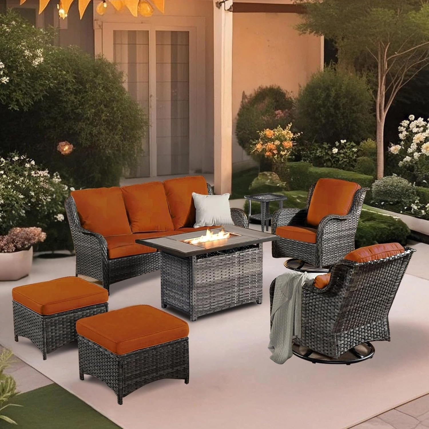 3 Pieces Patio Furniture Conversation Set PE Rattan Wicker Outdoor with 2 Armrest Chair and 1 Coffee Side Table, Soft Thick Washable Cushion for Yard Backyard Poolside Garden (Grey/Navy Blue)
