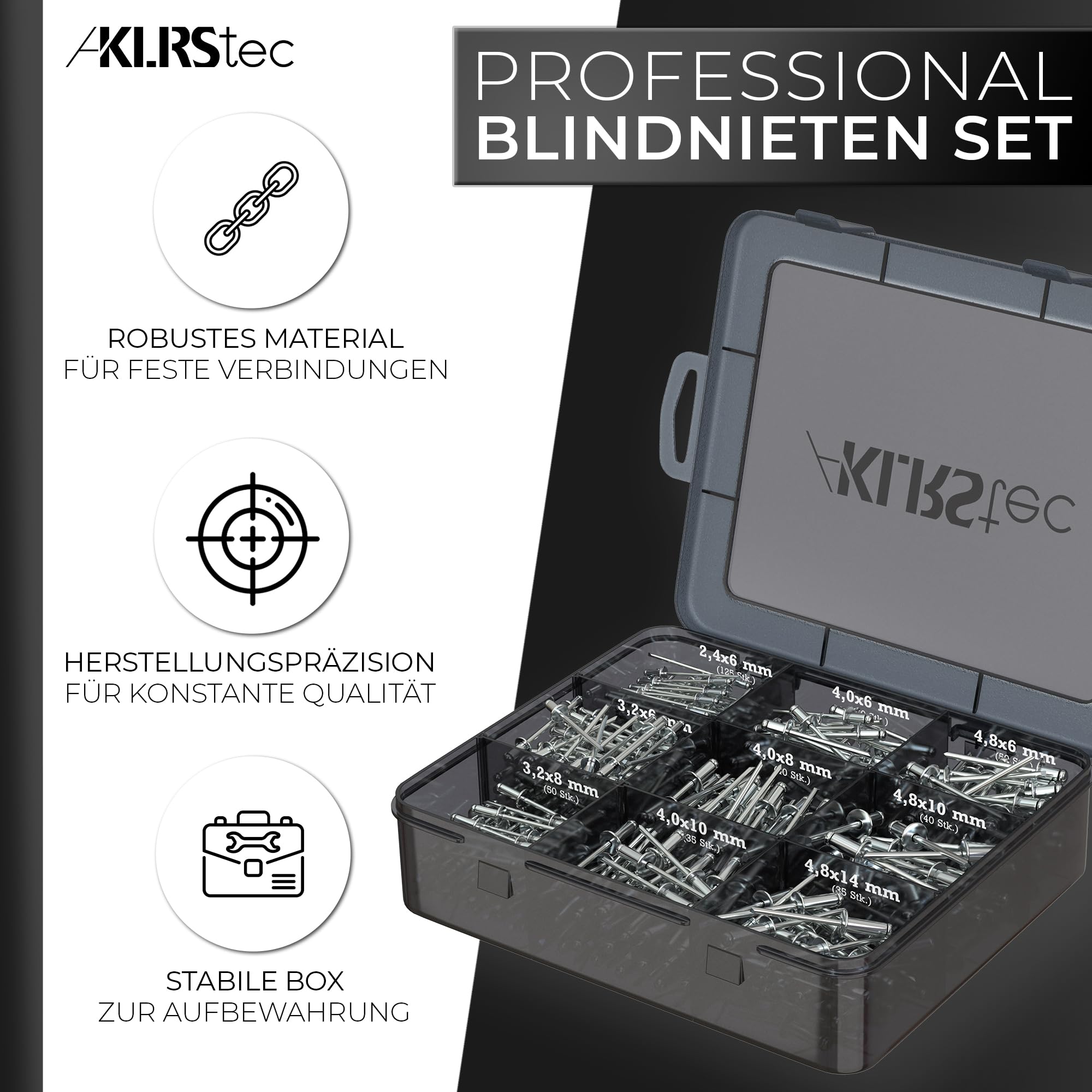 KLRStec Professional Blindnieten Set [500-teilig] Aluminium Popnieten für Nietenzangen, 125 Nieten je Größe 2,4 mm, 3,2 mm, 4,0 mm und 4,8 mm