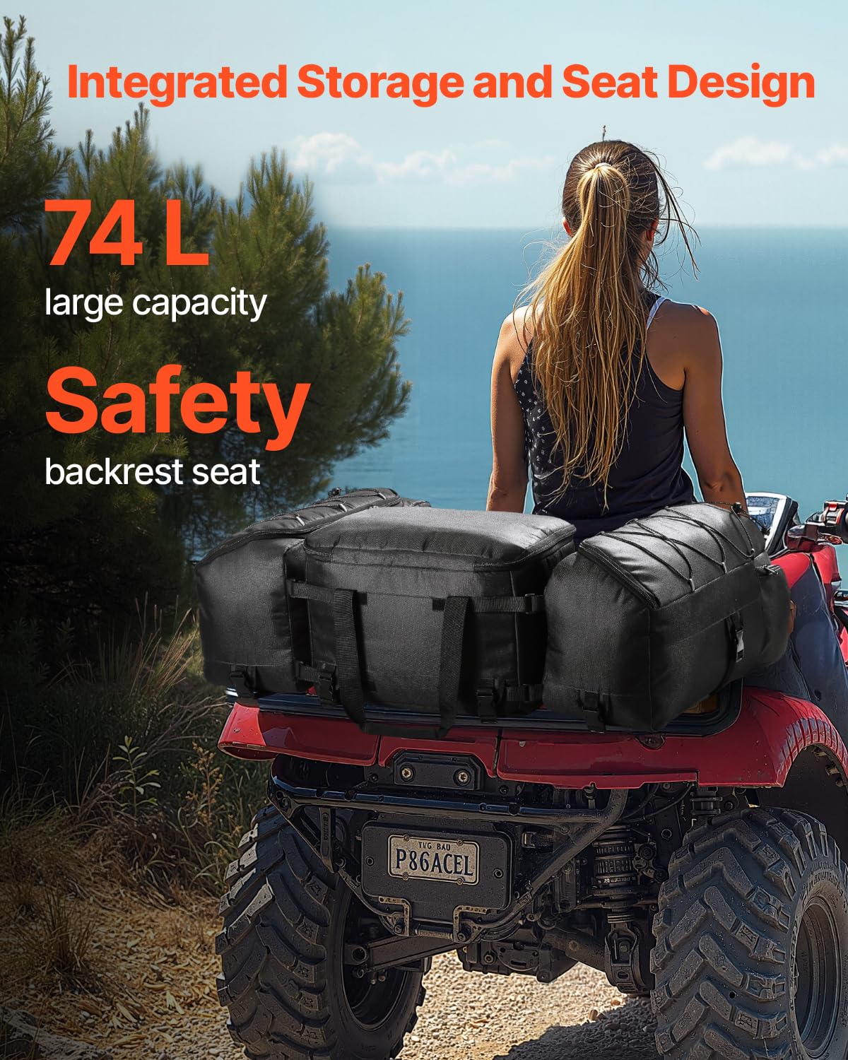 VEVOR Bolsa de Almacenamiento Trasera para ATV 74 L con Bolsa Térmica Aislante, de Tela Oxford 600D, con Portaequipaje Trasero, Compatible con Vehículos ATV, UTV y Can-Am, 880 x 580 x 280 mm