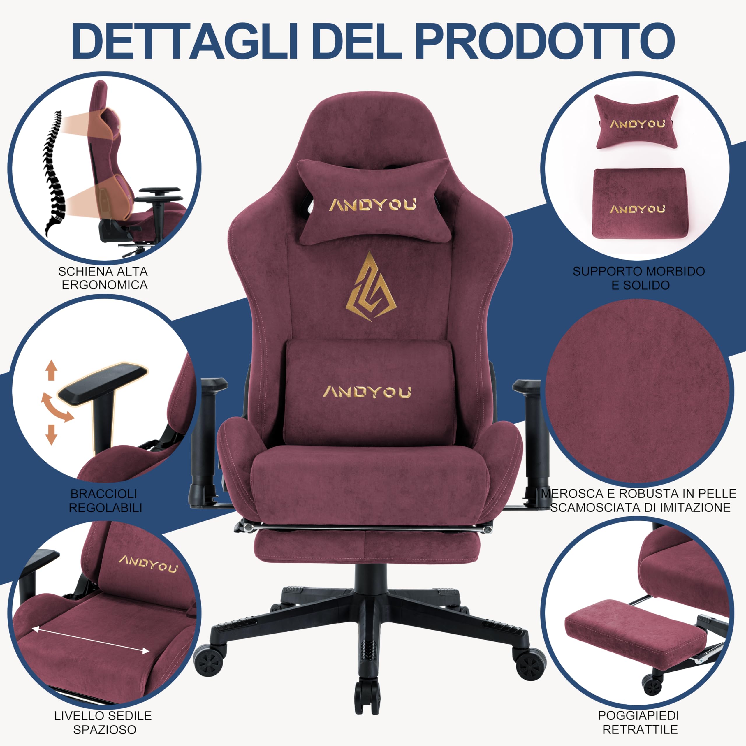 Andyou Silla Gaming Ergonómica | Reclinable 150° con Reposabrazos 2D Ajustables, Soporte Lumbar y Cervical, Capacidad 200 kg, Ruedas Silenciosas