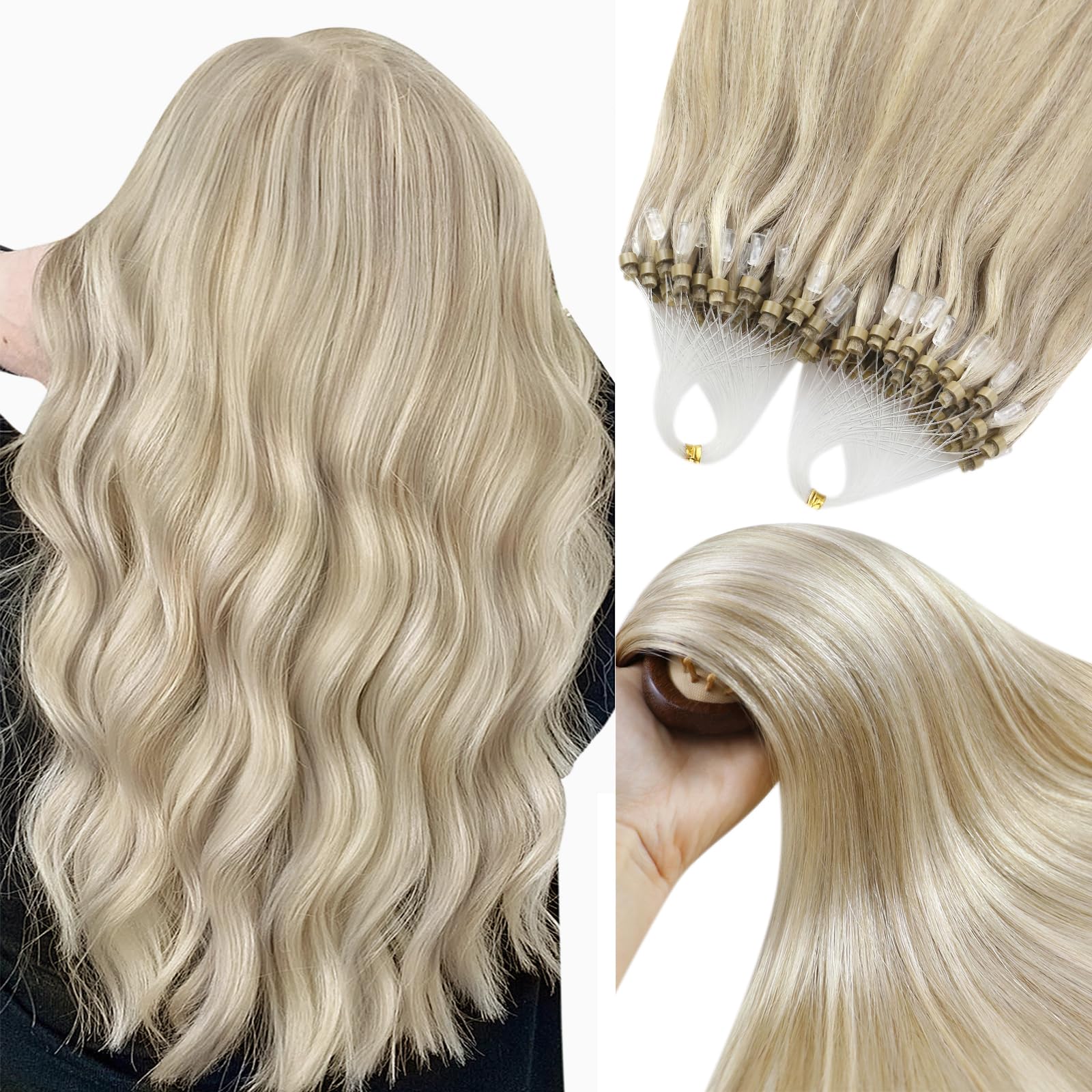 YoungSee Nano Beads Hair Extensions Blonde 14inch Nano Hair Extensions Warm Ash Blonde Highlights Bleach Blonde Nano Ring Hair Extension Highlight for Women Cold Fusion 50g Short Straight 50s — view 24