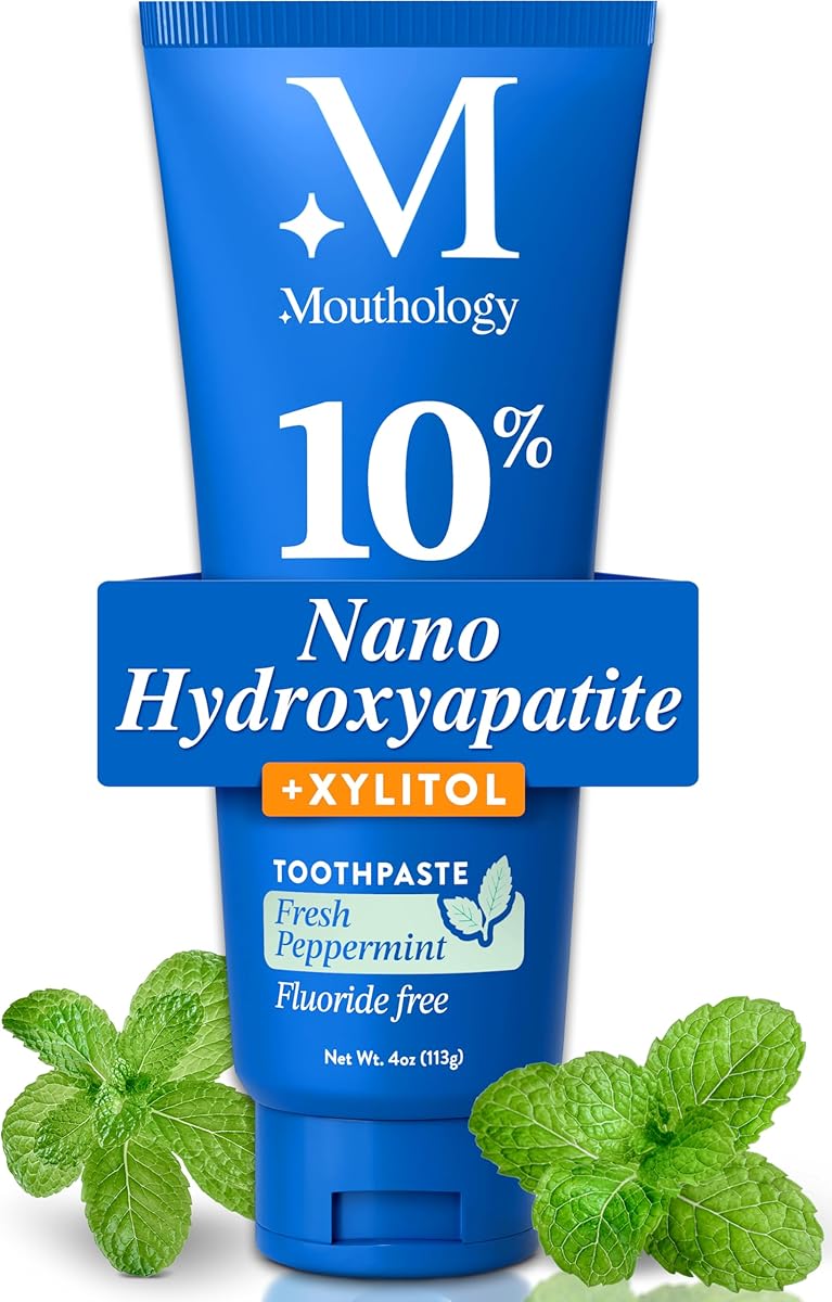 Mouthology 10% Nano Hydroxyapatite Toothpaste (Fluoride Free), Whitening*, Rod Shaped nHa, Xylitol Toothpaste for Adults, Enamel Care*, Sensitive Teeth*, SLS Free, Mint 4oz (USA Made)