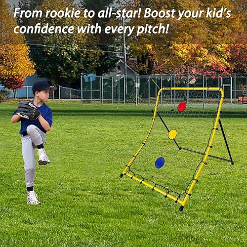 Miniatura 7 de Red de rebote de béisbol y sóftbol con tres zonas de objetivo circular en rojoamarilloazul, entrenador de retorno de lanzamiento portátil, tres