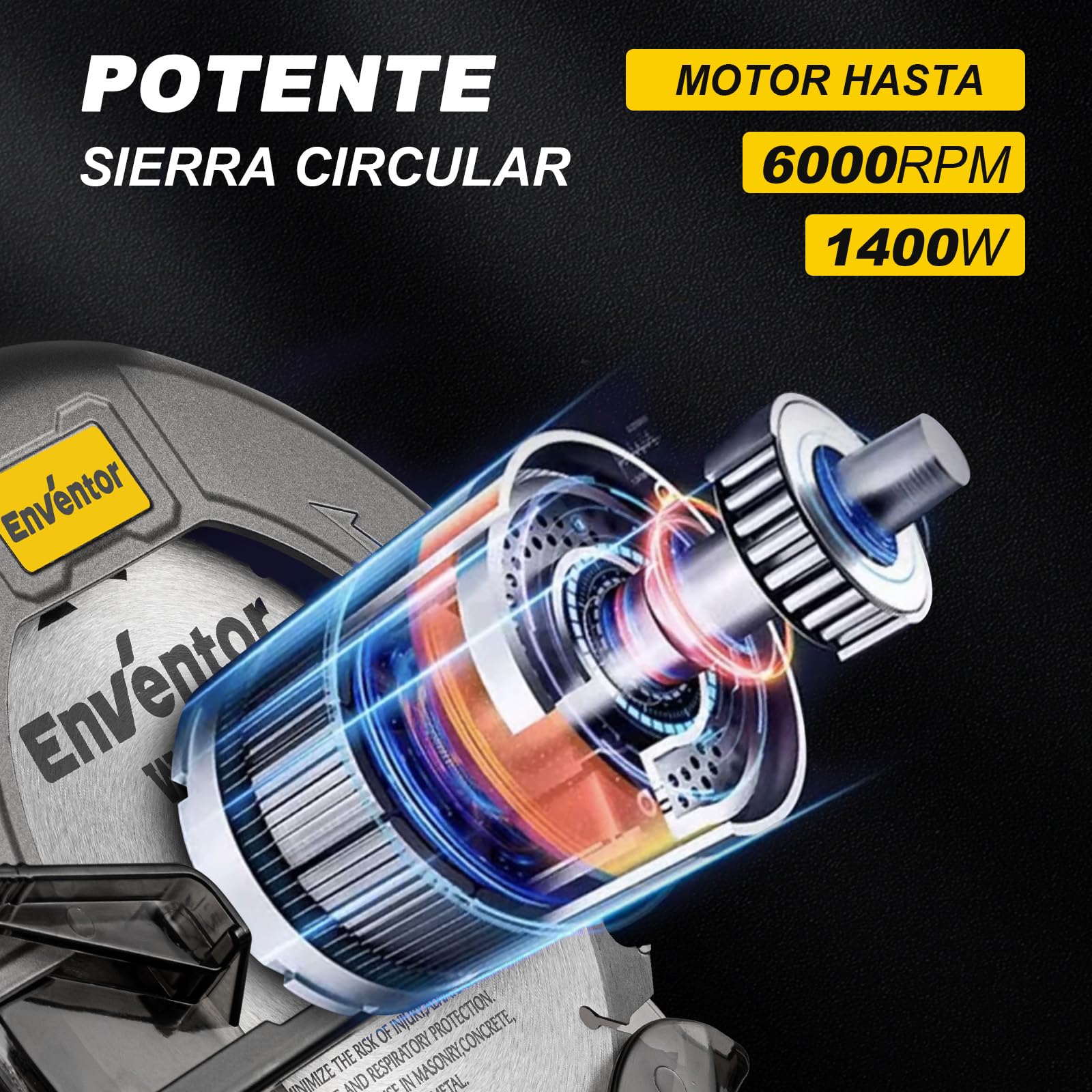 Enventor 1400W Sierra Circular, Hoja de Sierra 185mm(24T) | Sierra Circular de Mano 6000RPM, Profundidad de Corte 62mm(90°), 48mm(45°), Motor de Cobre Puro, Ideal para Cortar Madera