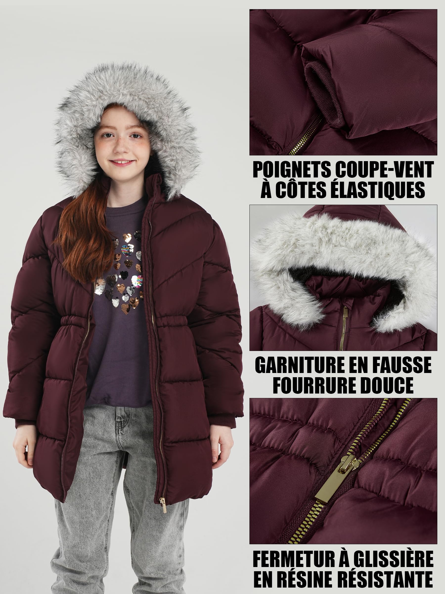 SOLOCOTE Manteau hiver pour filles impermeable doudoune matelasse a capuche doublure polaire bordure fausse fourrure parka long epais pour enfants