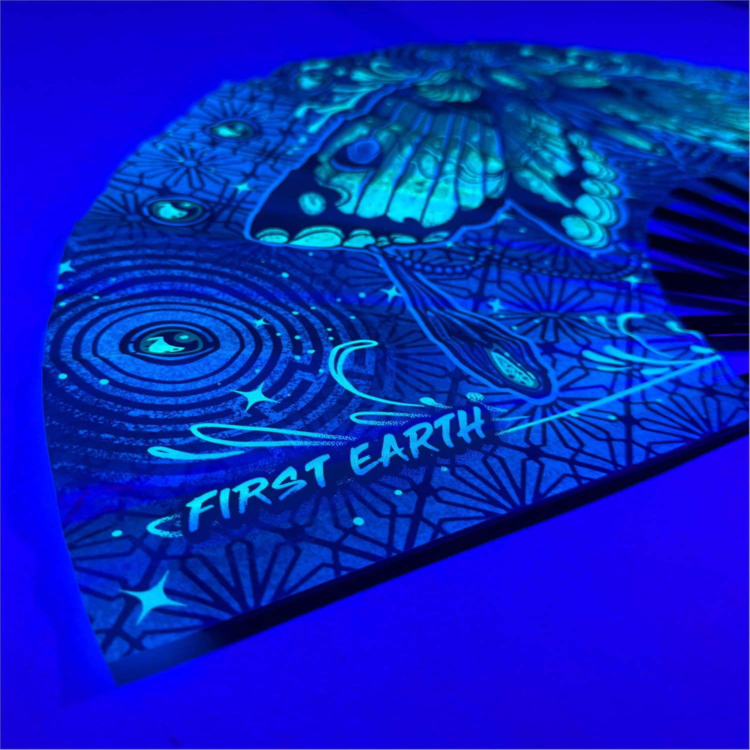 First Earth UV Glow Rave Fan – Folding Hand Fan with Bamboo Ribs & Blacklight Reactive Fabric – Loud Snap, Festival Accessory for EDM, Dance, Party, and Performance – 13” Closed, 25” Open (Luna Moth)