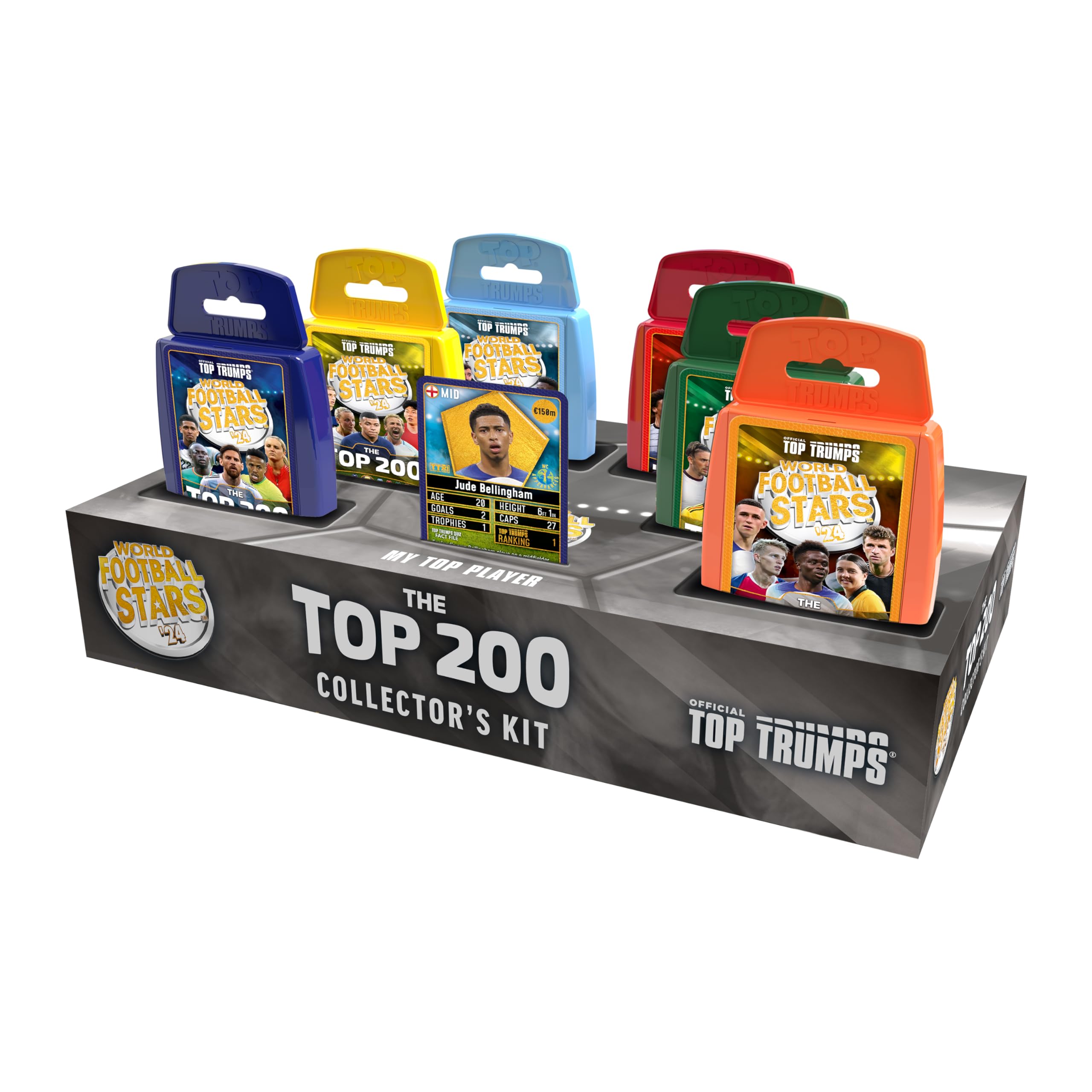 Top Trumps World Football Stars Top 200 zestaw kolekcjonerski sześciopak kolekcja gier karcianych prezent edukacyjny dla dzieci w wieku od 6 lat