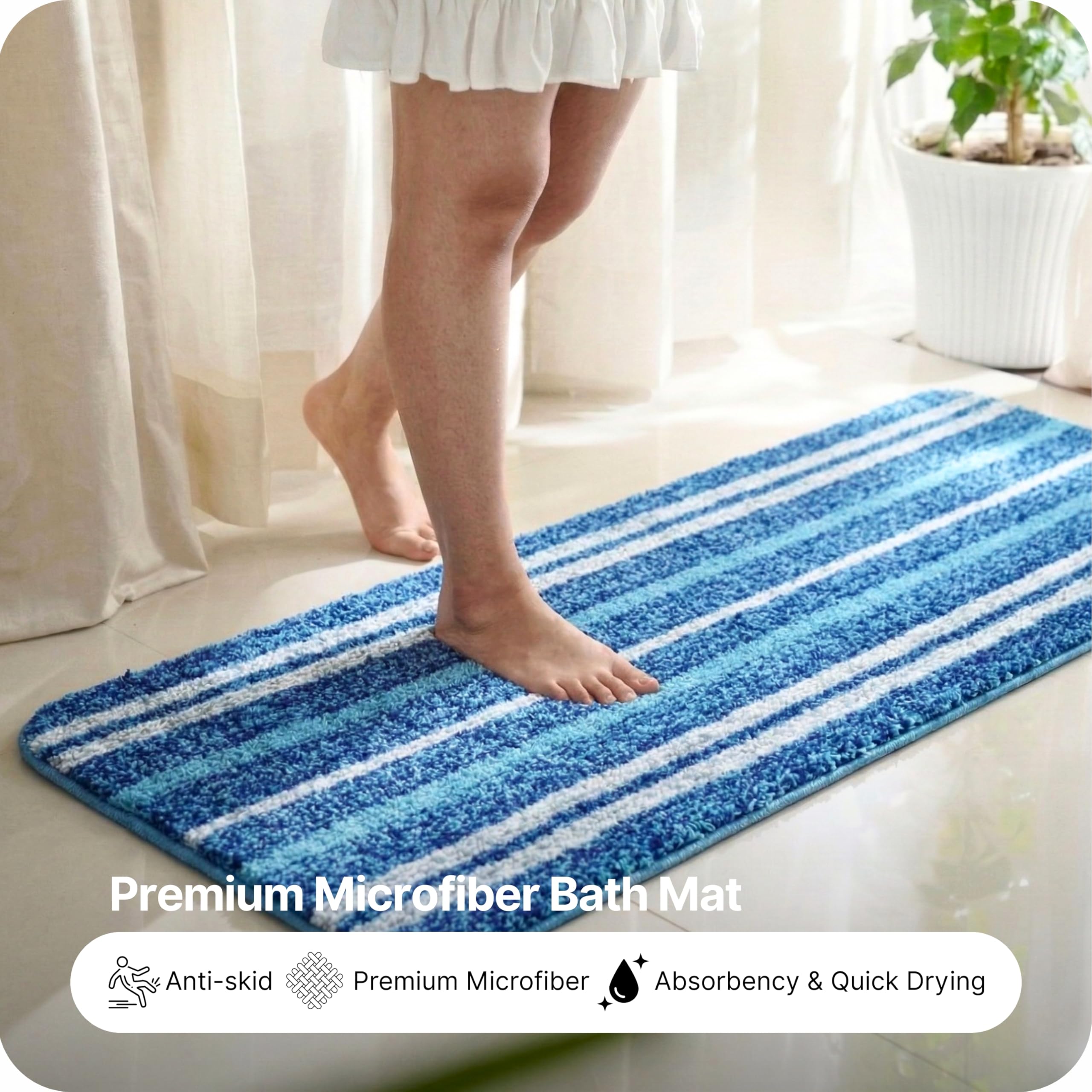 Saral Home Striped Soft Microfiber Durable & Washable Multipurpose Bedside Runner for Home/Kitchen/Living Area/Lobby/Office Entrance with Anti Skid Backing (Blue, 50 Cm X 180 Cm)
