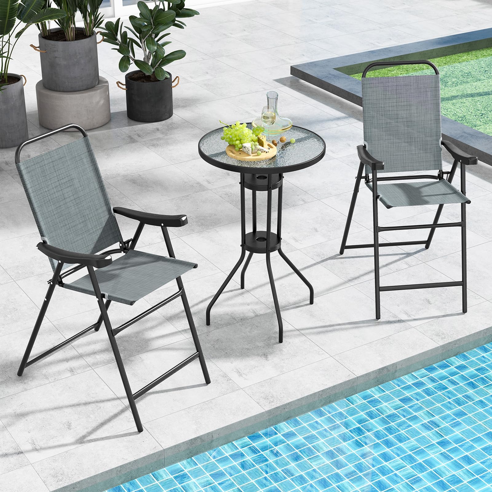 Amazon.com : COSTWAY 2 Pieces Patio Folding Bar Chairs, High Top Patio Bar  Chair with Metal Frame \u0026 Footrest, Outdoor Bar Height Chairs for Balcony,  ...