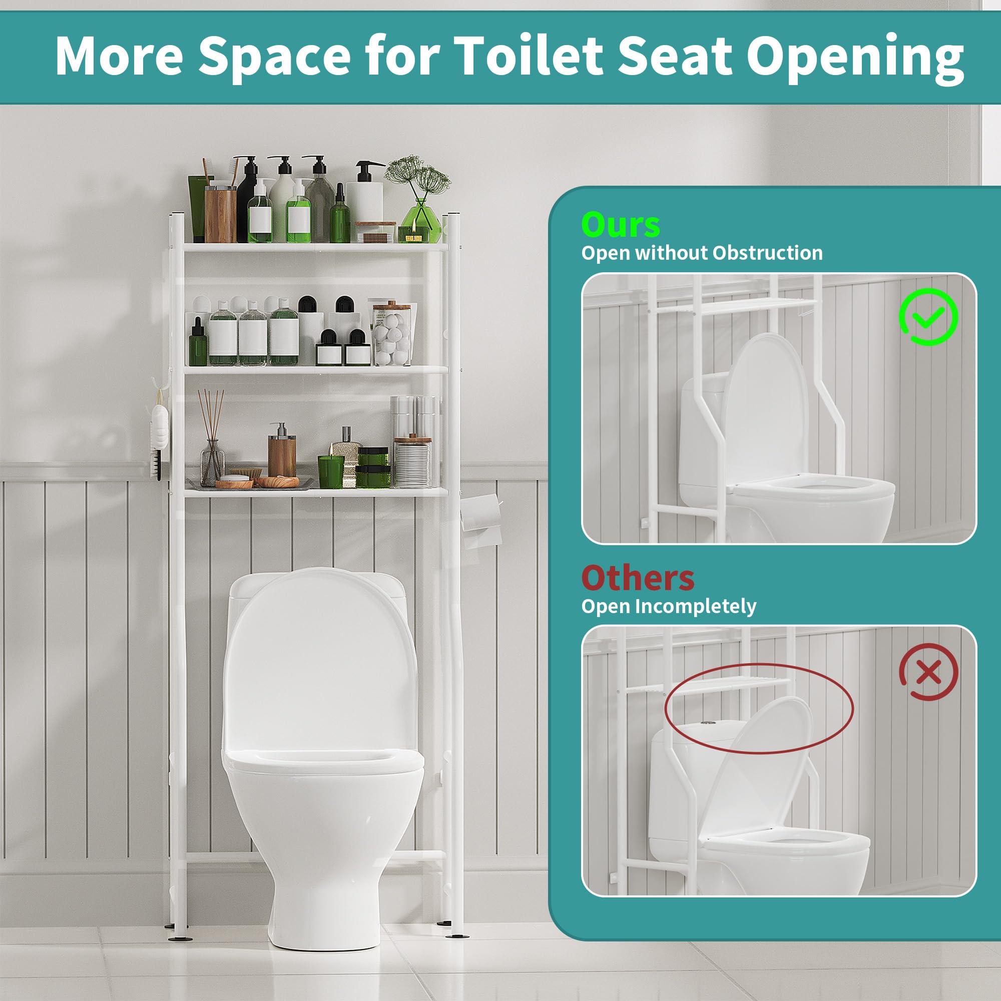 Almacenamiento de 3 niveles sobre el inodoro con soporte para papel, organizadores de baño de metal y almacenamiento para espacios pequeños, estantes de baño independientes con 4 ganchos 3
