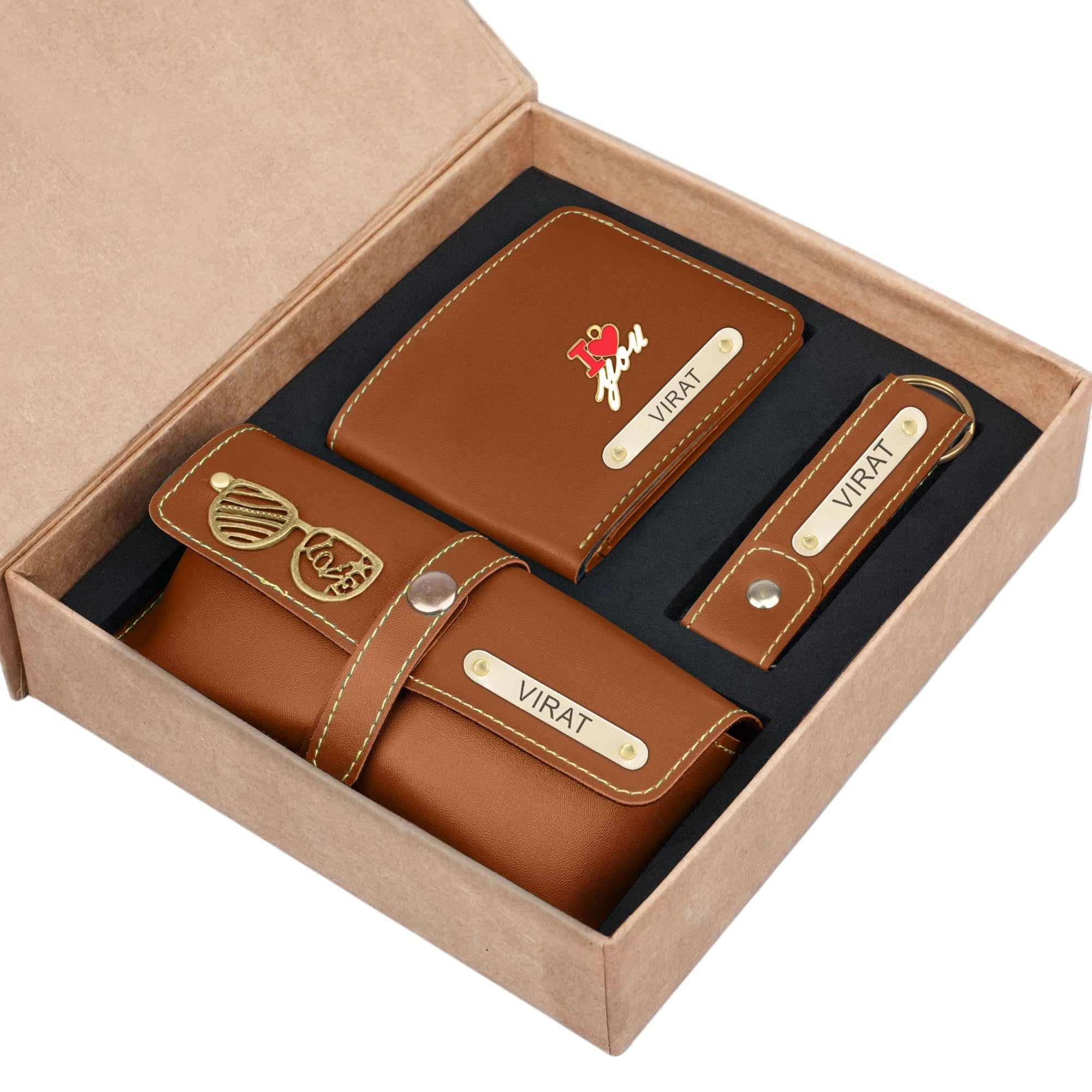 Personalized Wallet Keychain & Eyewear Gift Set | Name Crafted with Charms | Combo Set for Husband, Boyfriend, Father, Brother, Etc (Tan)-image-42