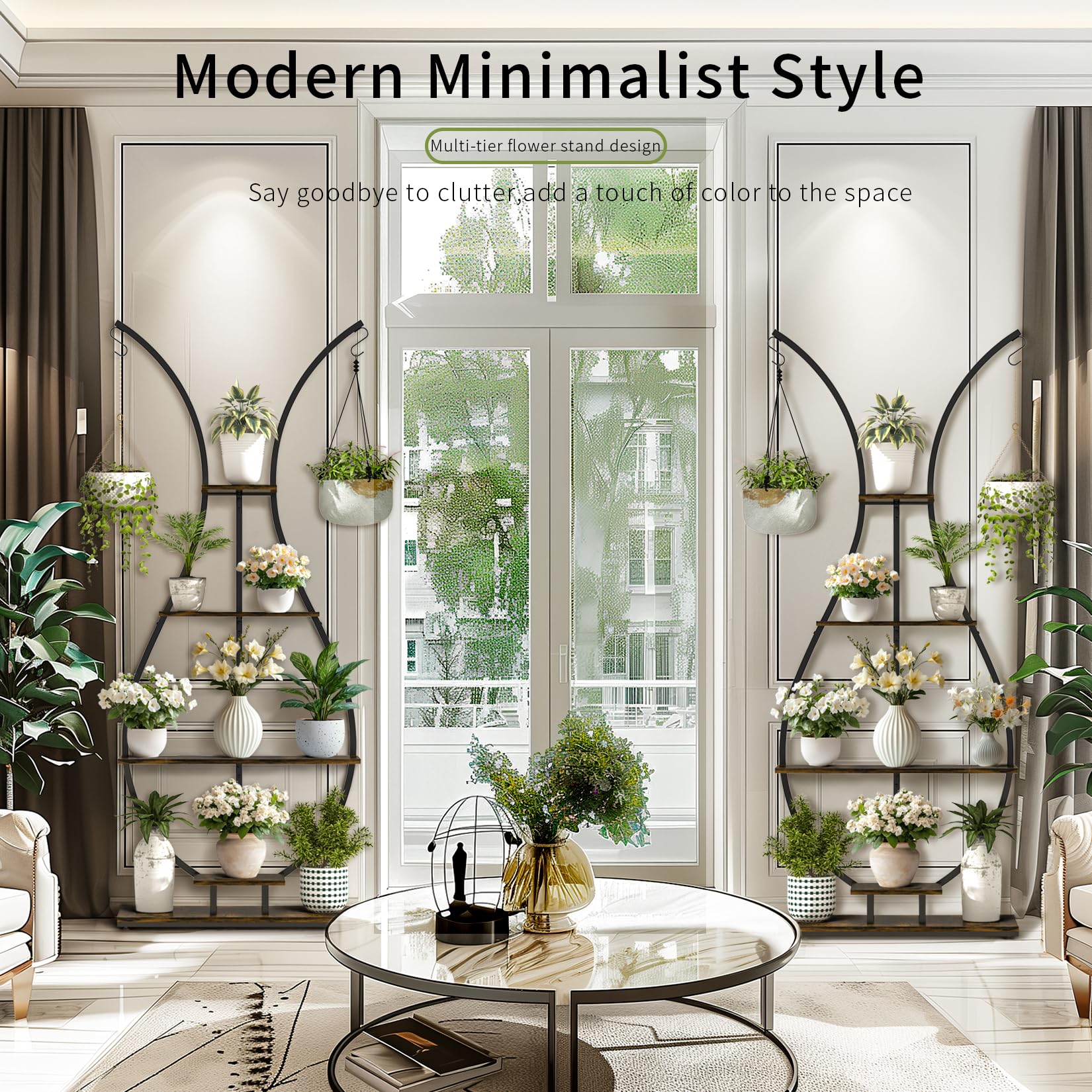 unho Support de Plantes d’intérieur Designe: 74x30x181cm Étagère Plante en Métal Porte Fleur pour Salon Balcon Présentation avec Dispositif Anti-Renversement - Brun Rustique et Noir
