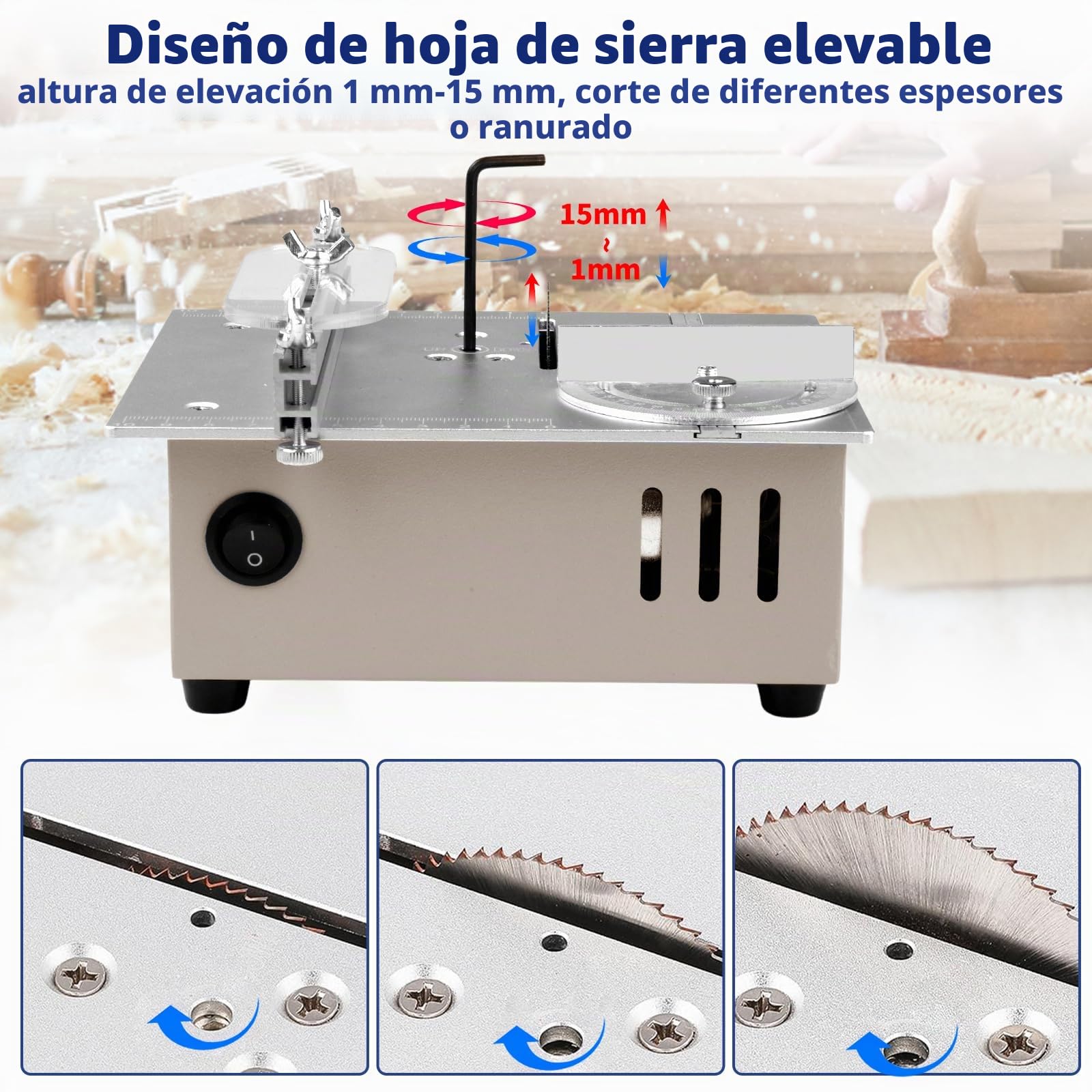 Mini Sierra Circular de Mesa, Sierra de Precisión Máquina Cortadora Pequeña, con 4 Hojas de Sierra, 7 Niveles de Velocidad, Mini Sierra de Mesa Multifuncional, para Bricolaje, Madera, Modelismo
