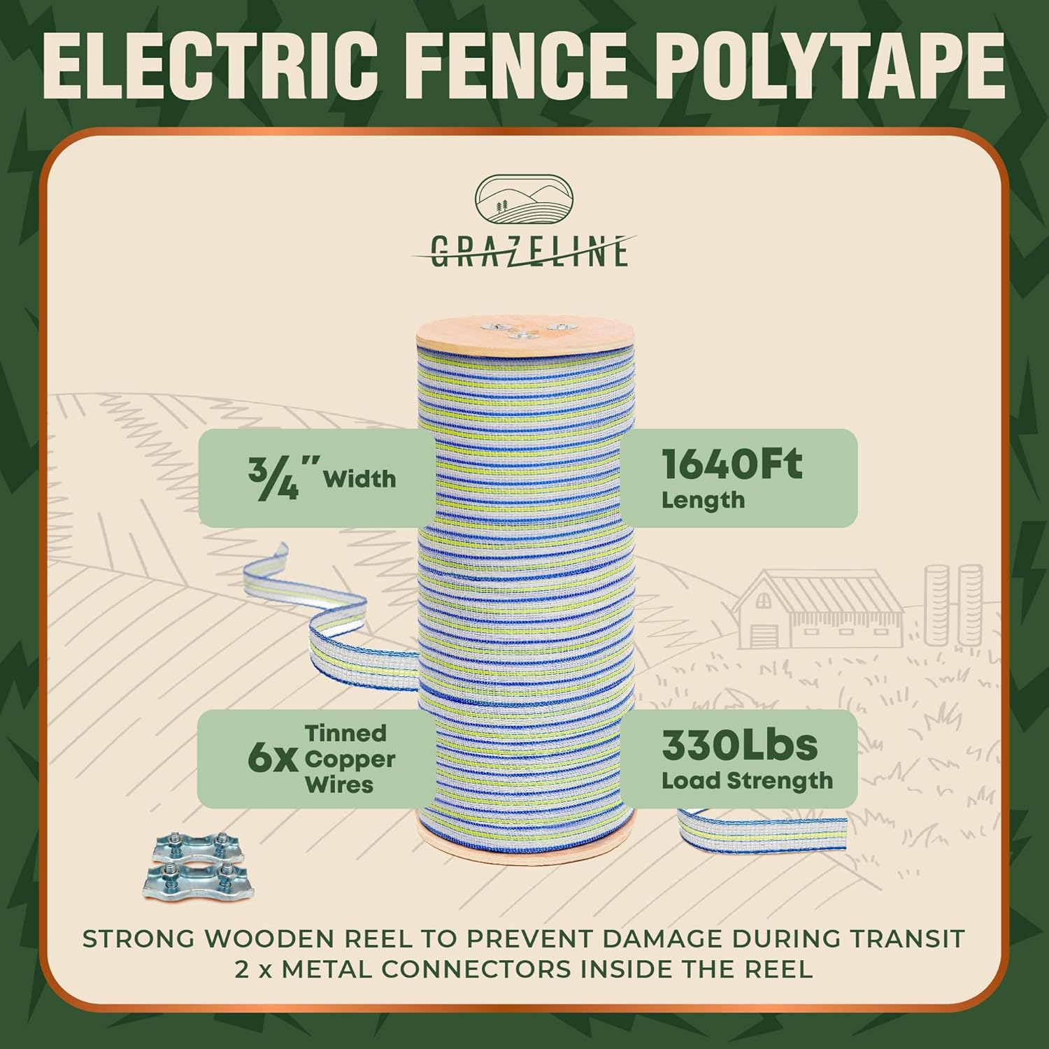 Electric Fence Polytape 1640ft - High Visibility 3/4" Livestock Fence Tape with 6 Tinned Copper Wire, 0.2 Ohm Low Resistance, 330lb Strength - Safe Horse & Goat Fencing, UV Resistant, 10-Year Warranty