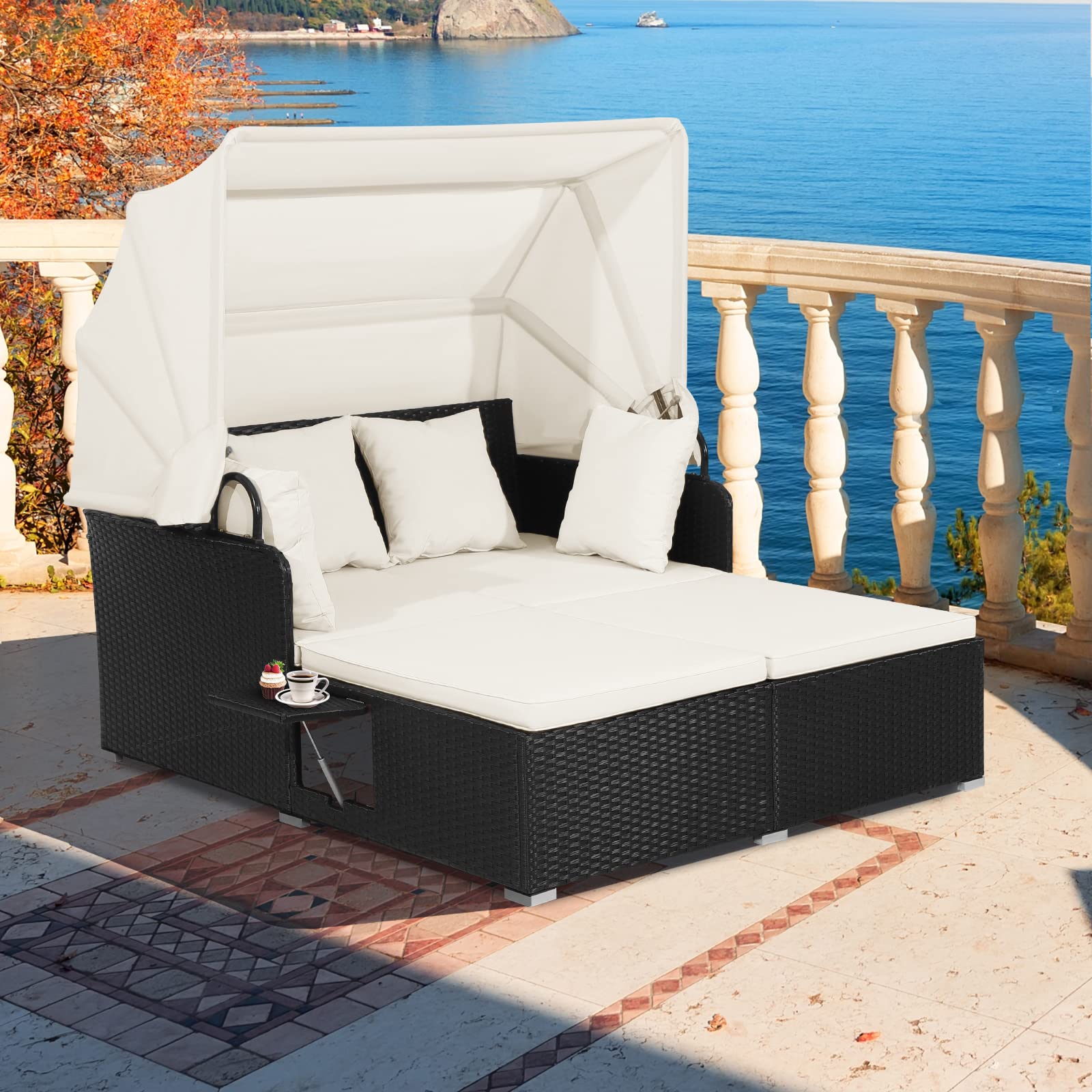 GIANTEX Sonneninsel Sonnenliege Set Rattan, Gartenliege 2 Personen mit faltbarem Sonnendach, Doppelliege Liegeinsel mit klappbaren Tablett & Kissen, Gartenlounge Gartenmuschel Daybed Outdoor (Beige)