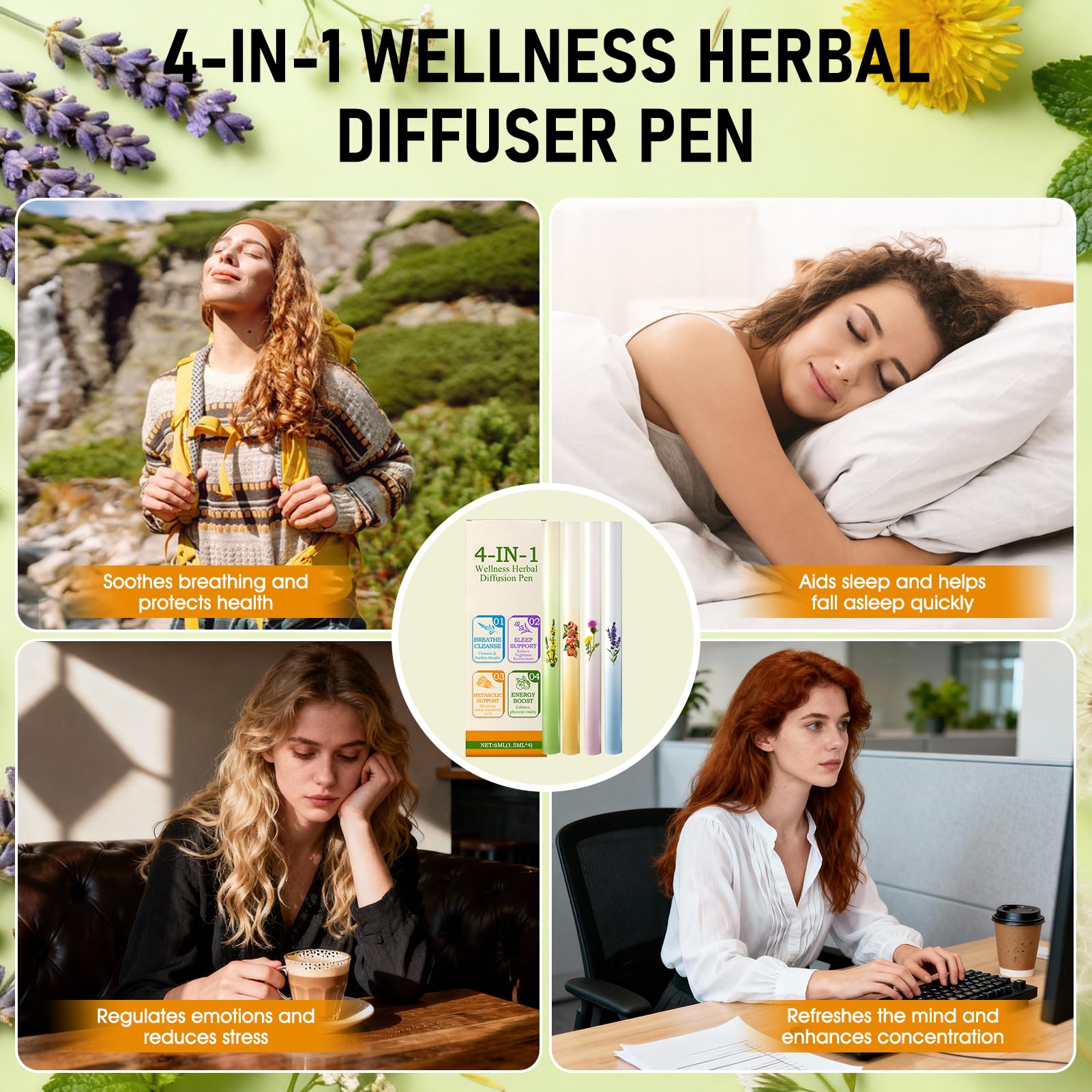 4 PCS Diffusore di Erbe Aromatiche, Herbal Diffuser Pen, Formula con Estratti Vegetali Multipli, Design Portatile, Aumenta l'energia, Rinfrescante e Rinvigorente