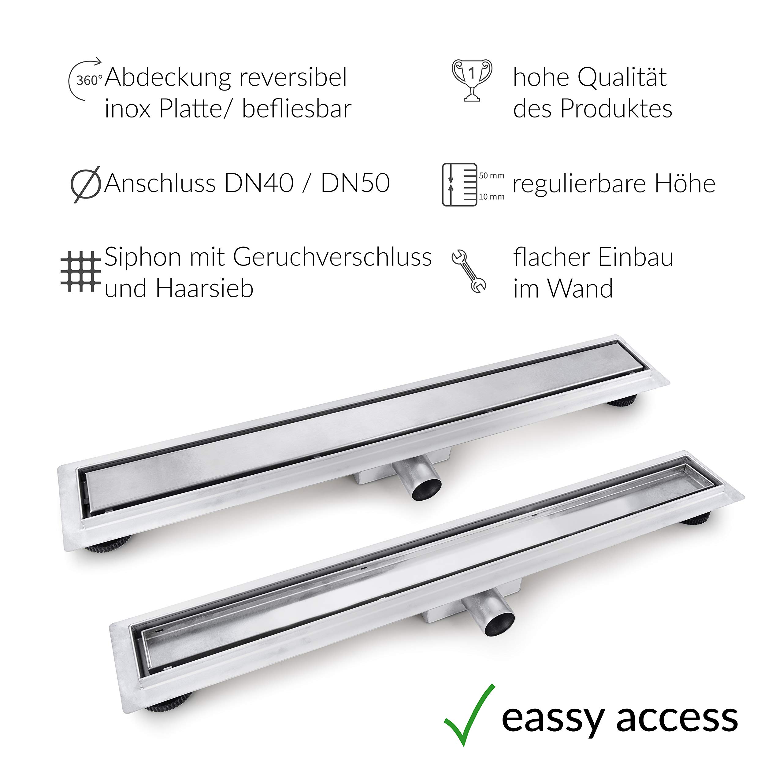 VBChome Duschrinne 70 cm Ablauf Bodenablauf Edelstahl befliesbar Selbstreinigender Siphon mit Geruchsstop mit Haarsieb 50-120 cm Ablaufrinne für Badezimmer Duschablauf sehr flach Komplettset