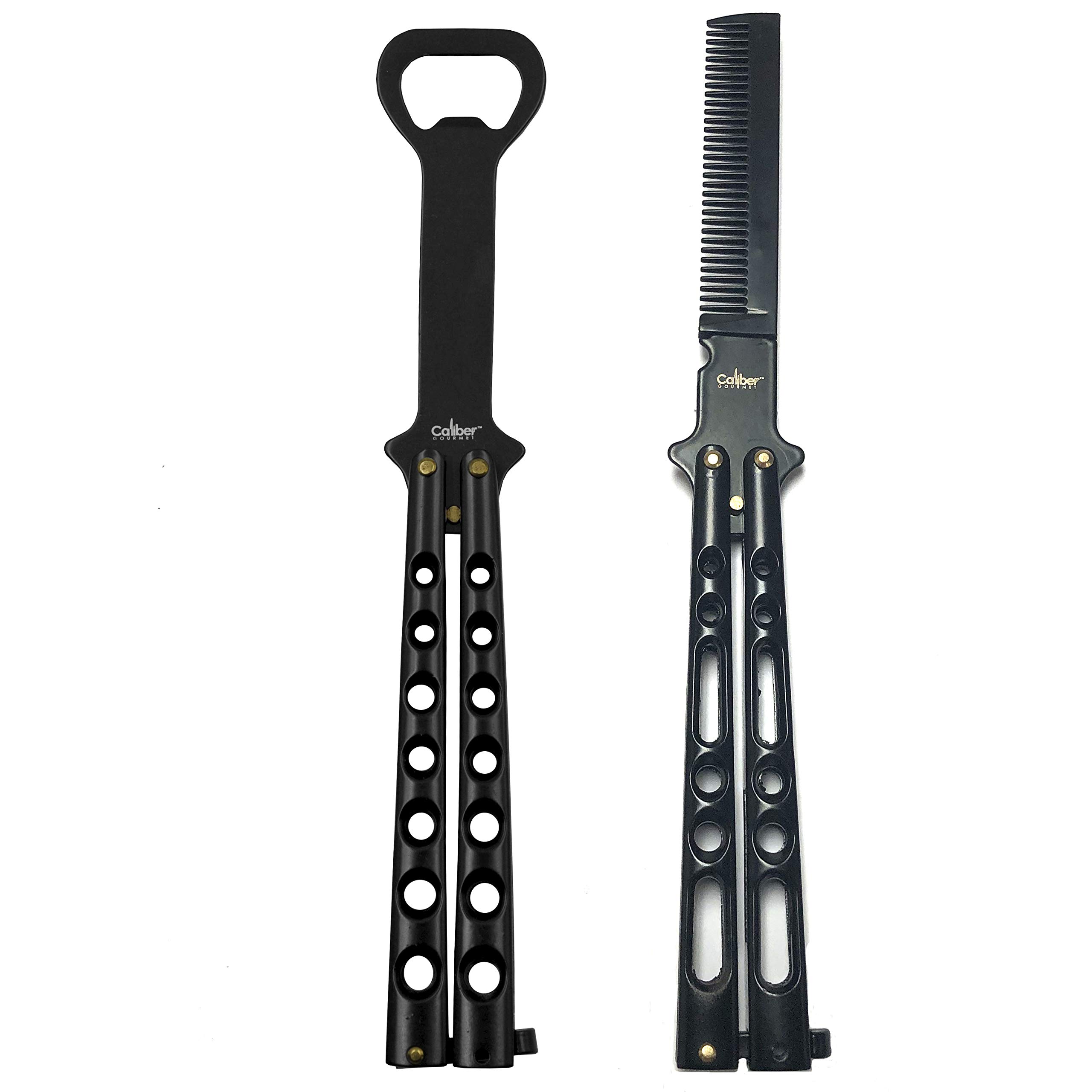 Caliber Gourmet Butterfly Knife Style Bottle Opener and Comb Combo Bundle Pack for Beer, Soda, Bartender, Bottle Cap, Barbecue, Black