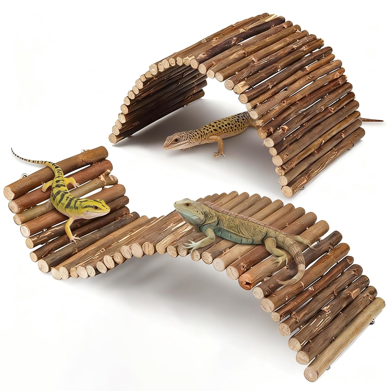 2Pcs Reptile Hideout Bendable Wooden Bridge, Hermit Crab Hideout Climbing Toys, Reptile Tank Habitat Decor, Small Animal Molar Chew Toys for Hermit Crab Lizards Mouse Spiders Chinchillas