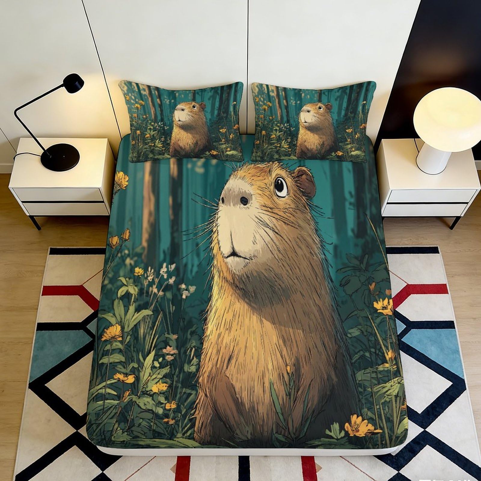 3D Printed Capybara Forest Fitted Sheet Microfiber Non-Slip Mattress Cover for Bedroom Dorm Easy Care Decor 120x200x25cm
