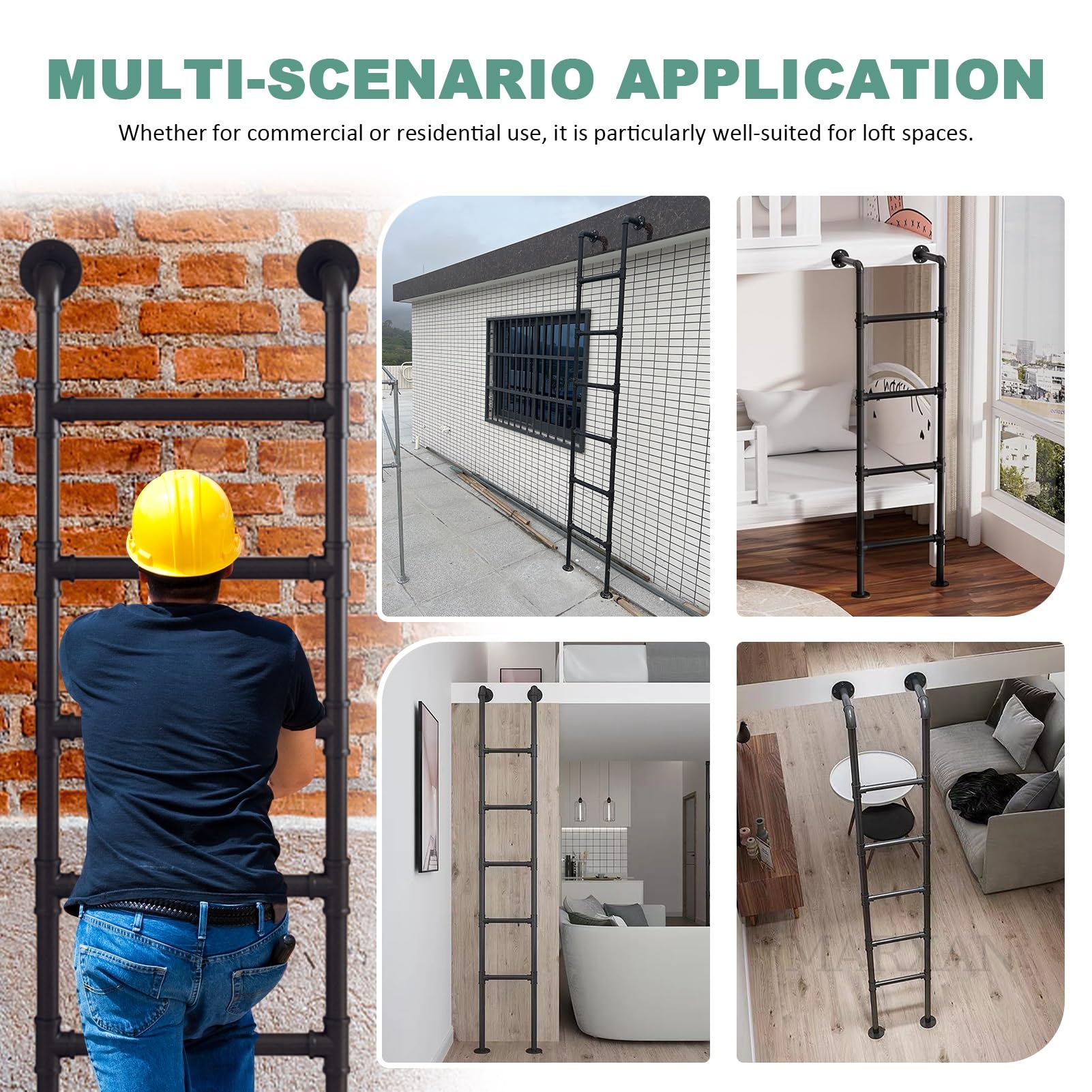 Scala di emergenza per la fuga dalla finestra del seminterrato, gradini in metallo nero, scala resistente per soppalchi, letti a castello, camper e camere da letto(175cm/69in)