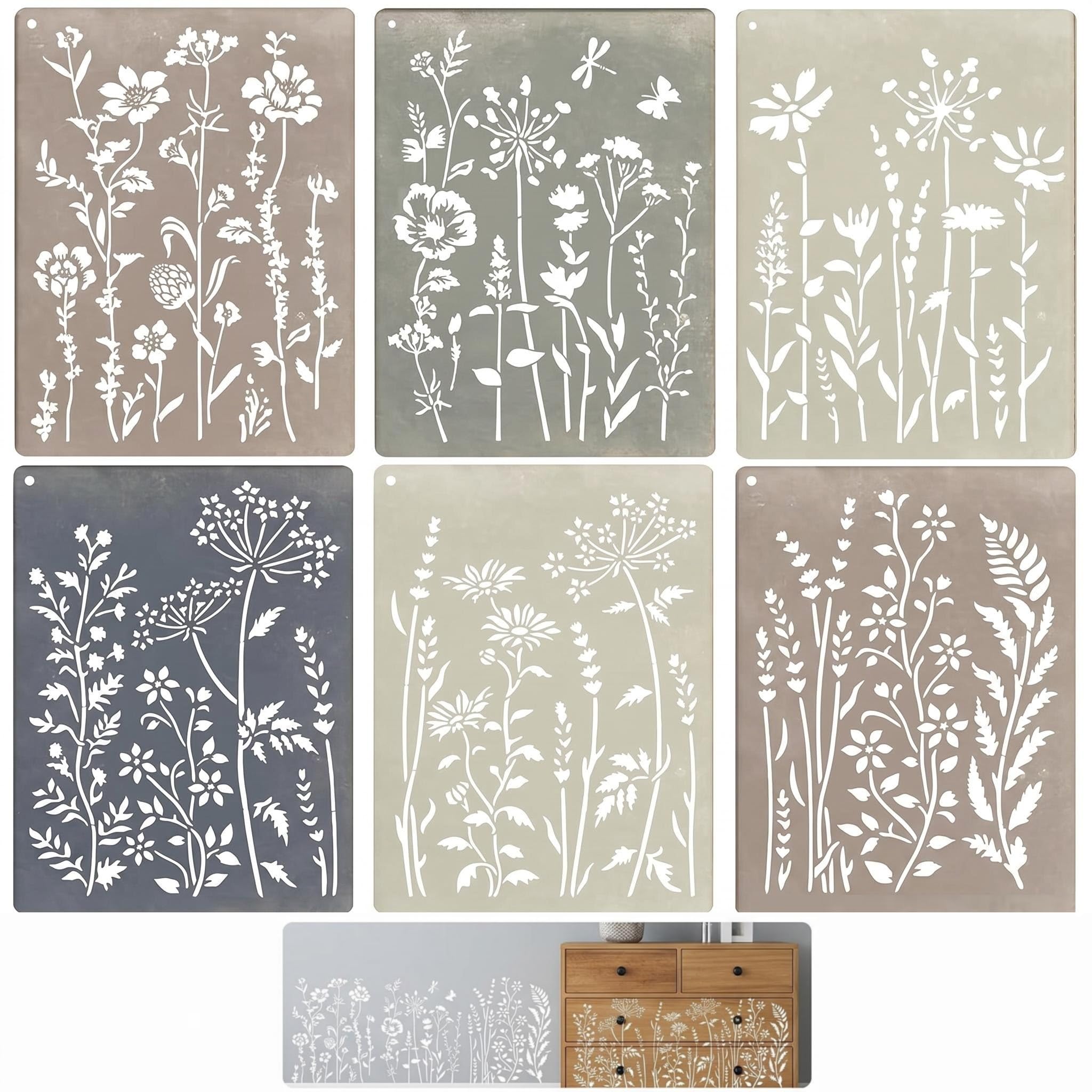 Comforso 6 Piece Wildflower Stencil Set,Large Reusable Floral Design Stencils 11x14.5 Inch for Painting on Wood,Walls & DIY Furniture Decor,PET Modular Stencil Kit