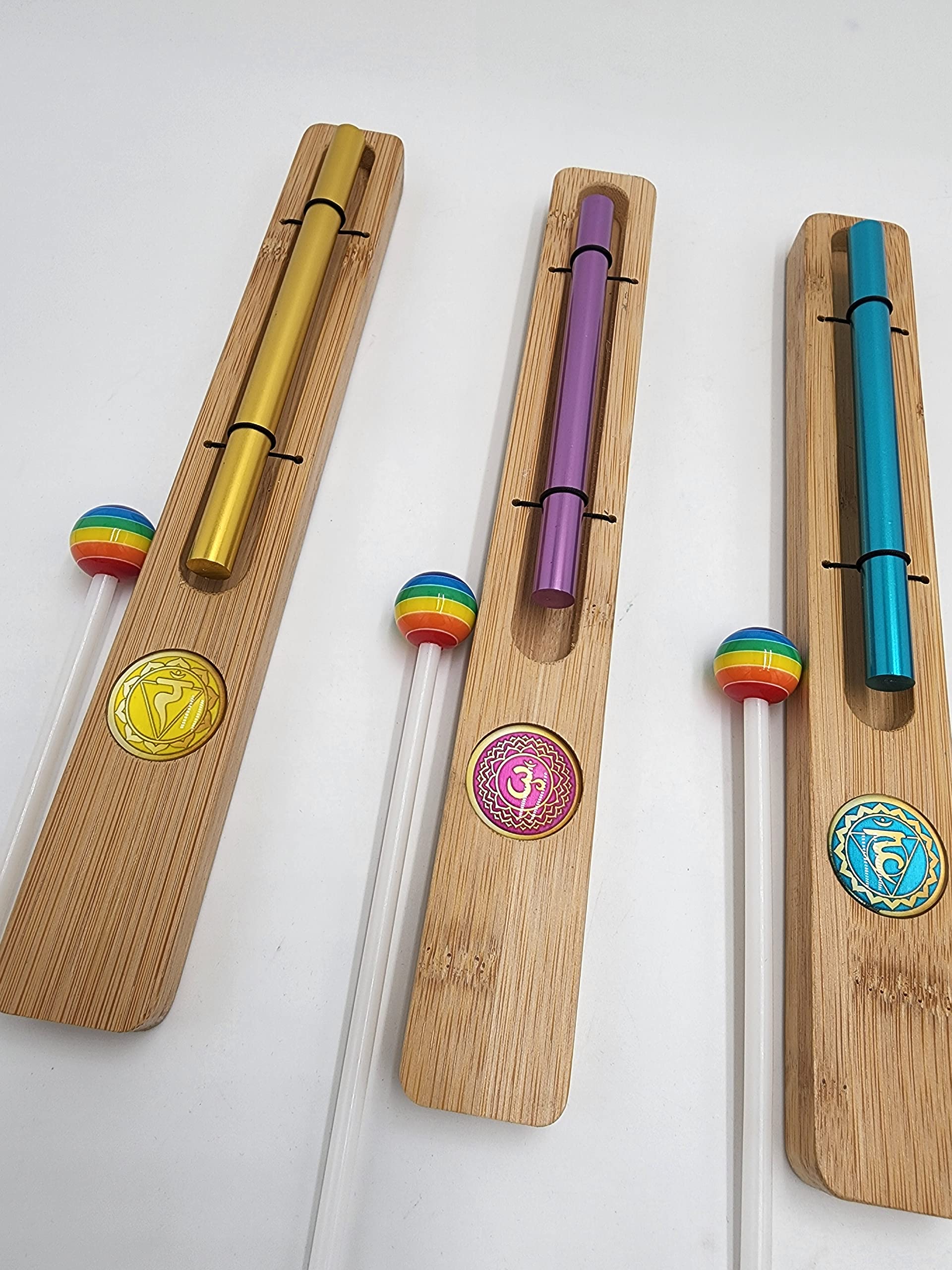 Yantra Set of 7 Chakra Zenergy Chime Bells with Gemstone,mallet and Chakra Signed Color Bags