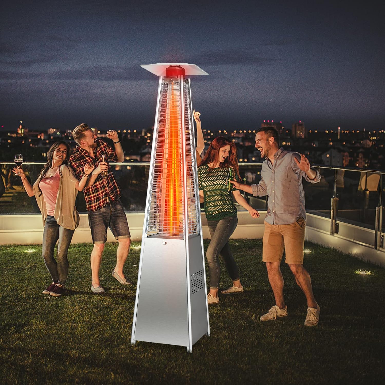 COSTWAY 42,000 BTU Stainless Steel Pyramid Outdoor Propane Heater With Wheels and Glass Tube, Auto Shut Off Protection, Freestanding Quartz for Backyard, Garden, Silver