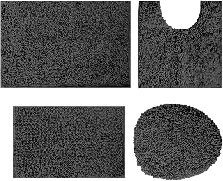 Chenille Bathroom Rug Bath Mat Set 4 Piece,Chenille Bath Rug with PVC Non-Slip Bottom,Water Absorb Bathroom Rug Set,Machine Washable Bath Mats with Toilet Lid Cover for Bathroom,Bedroom,Black
