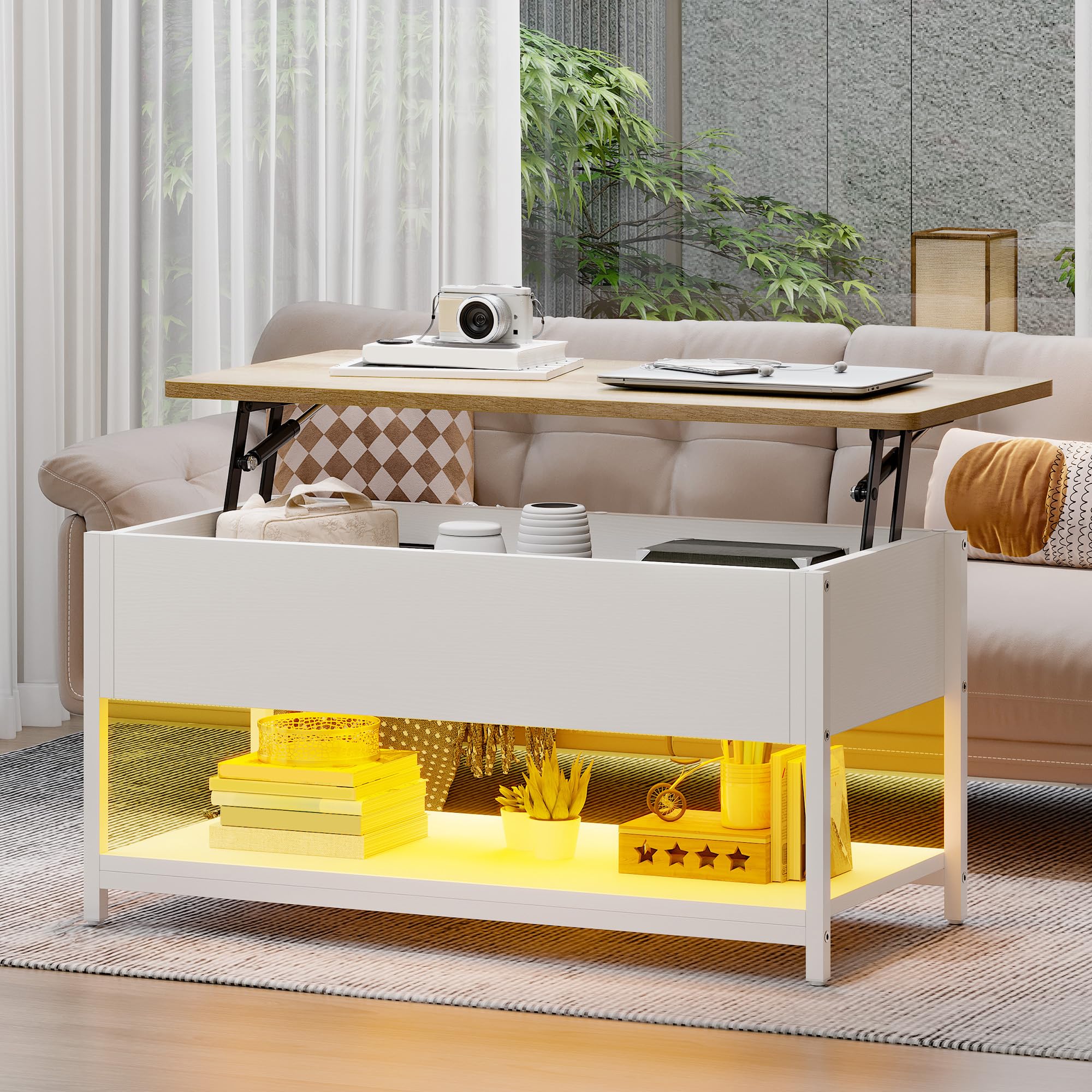 DWVO Wohnzimmertisch Höhenverstellbar mit Steckdose und 16-farbigem LED-Lichtstreifen, Couchtisch mit Verstecktem Stauraum für Wohnzimmer, Schlafzimmer und Büro, 100x50x(49-63.5) cm