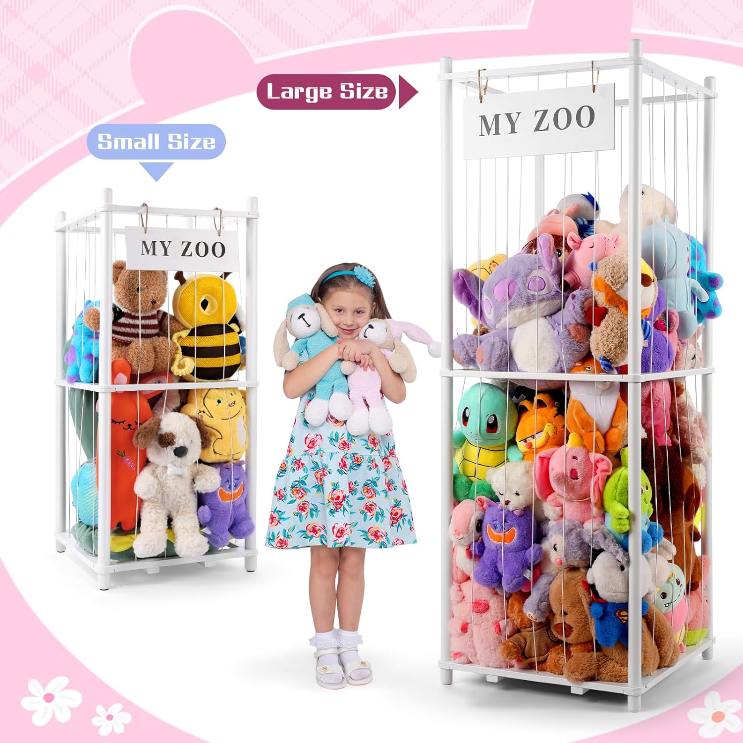 Stuffed Animal Storage Zoo, Wooden Stuffed Animal Organizer with Elastic Cords for Boys Girls, Space Saving Toy Plushies Storage Holder for Playroom, Bedroom, Living Room (White, Small)