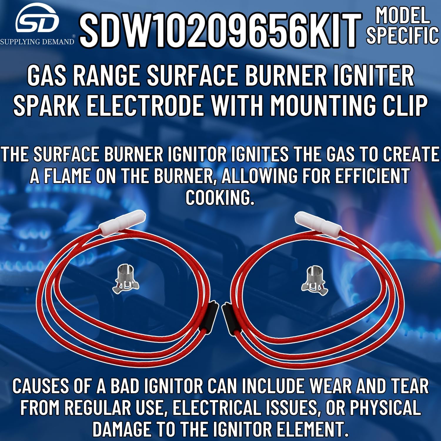 Supplying Demand W10209656 W10112313 Gas Range Surface Burner Igniter Spark Electrode with Mounting Clip Replacement Model Specific Not Universal