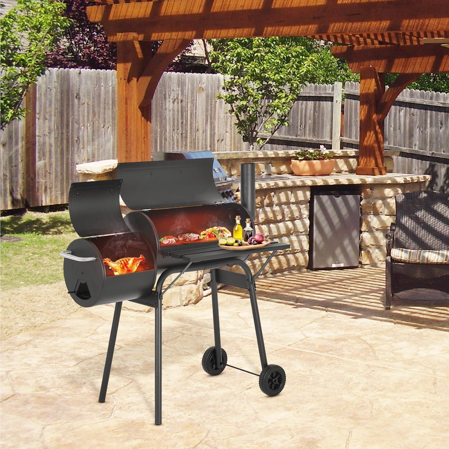 Grill Chal ze stali nierdzewnej z pokrywką i kółkami – przenośny grill na zewnątrz z termometrem na imprezy i spotkania – czarny