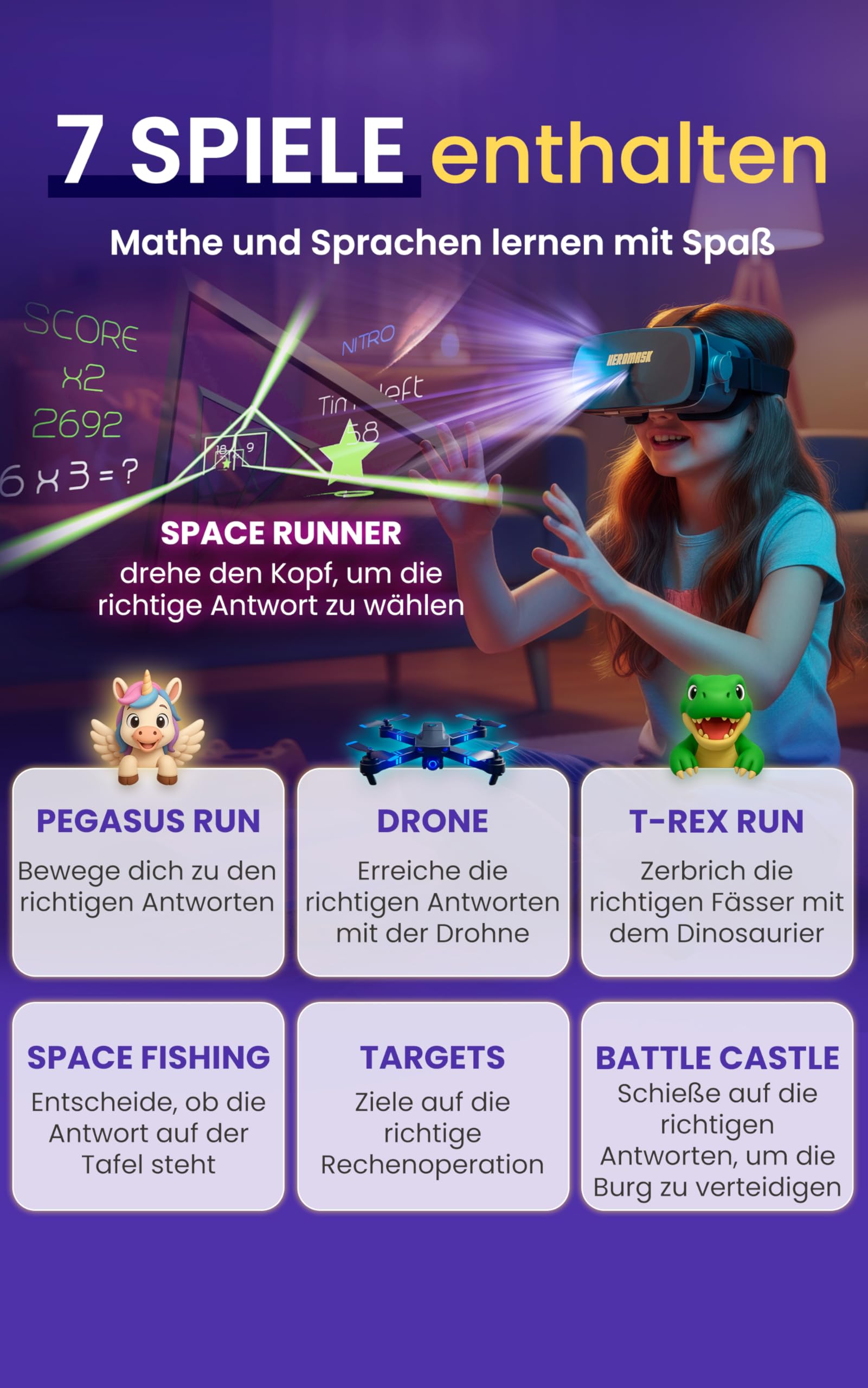 Heromask 3-in-1 Lernbundle – Sprachen, Mathematik & Geschichten in VR und Hologrammen | 2-in-1 Set mit VR-Headset + Hologrammpyramide | Originelles Geschenk für Kinder 5–12 Jahre