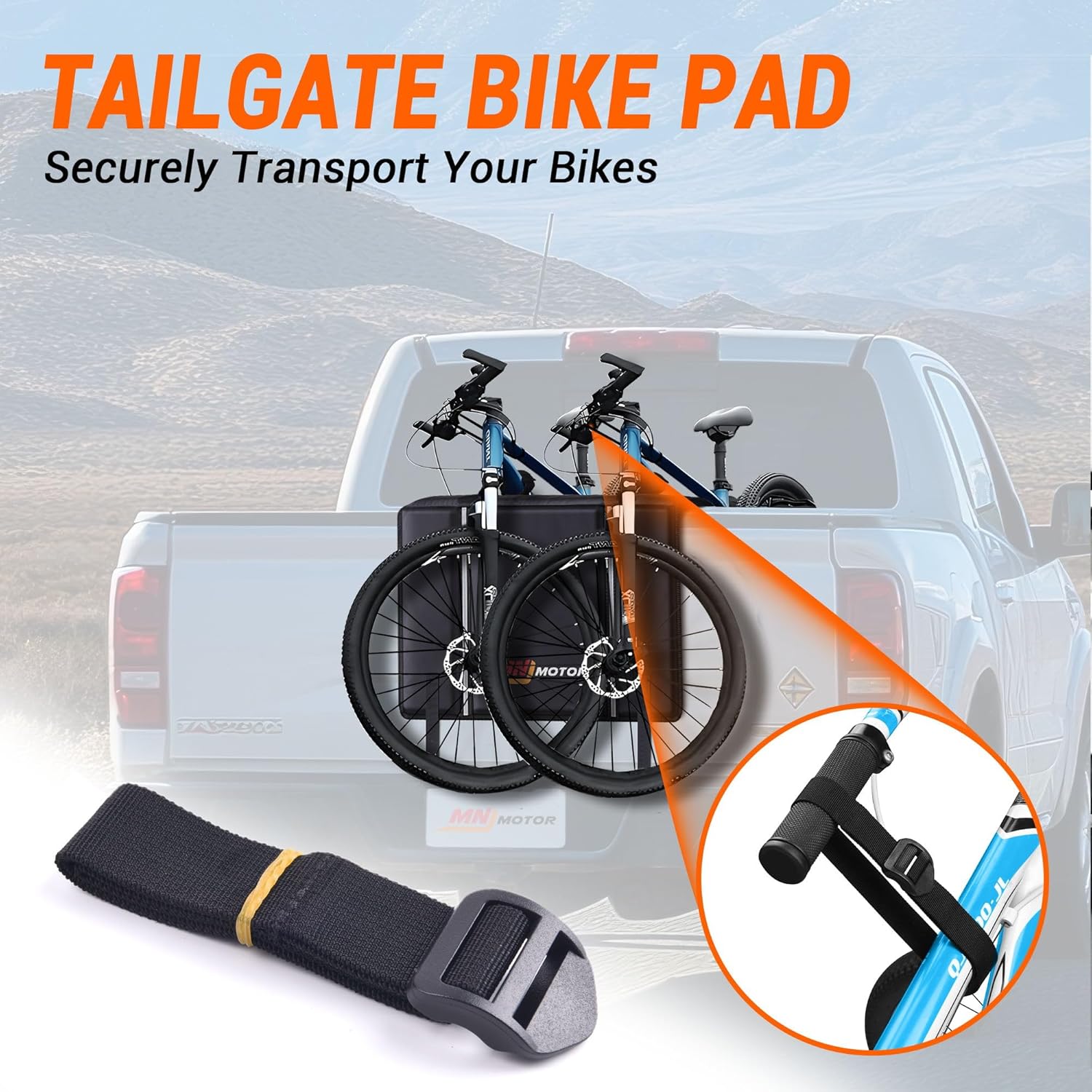 Tailgate Bike Pad, Widen Size Pickup Truck Tailgate Pad Carry 2 Mountain Bikes Protection Pad with Fixture Straps Reflective Strips Tool Pocket