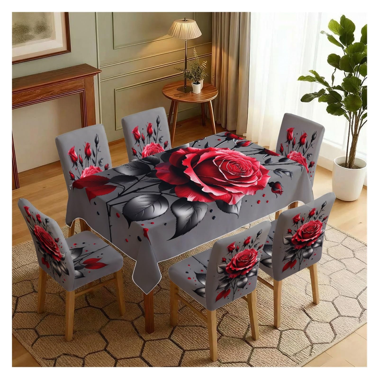 KXUAUV Stretch Dining Chair Slipcover & Tablecloth Set, Grey Base Red Black Rose Floral Print, 5/7 Pack, Luxury Moody Elegant Home Decor Party Decor(7pcs Set: Tablecloth+Chair Covers)