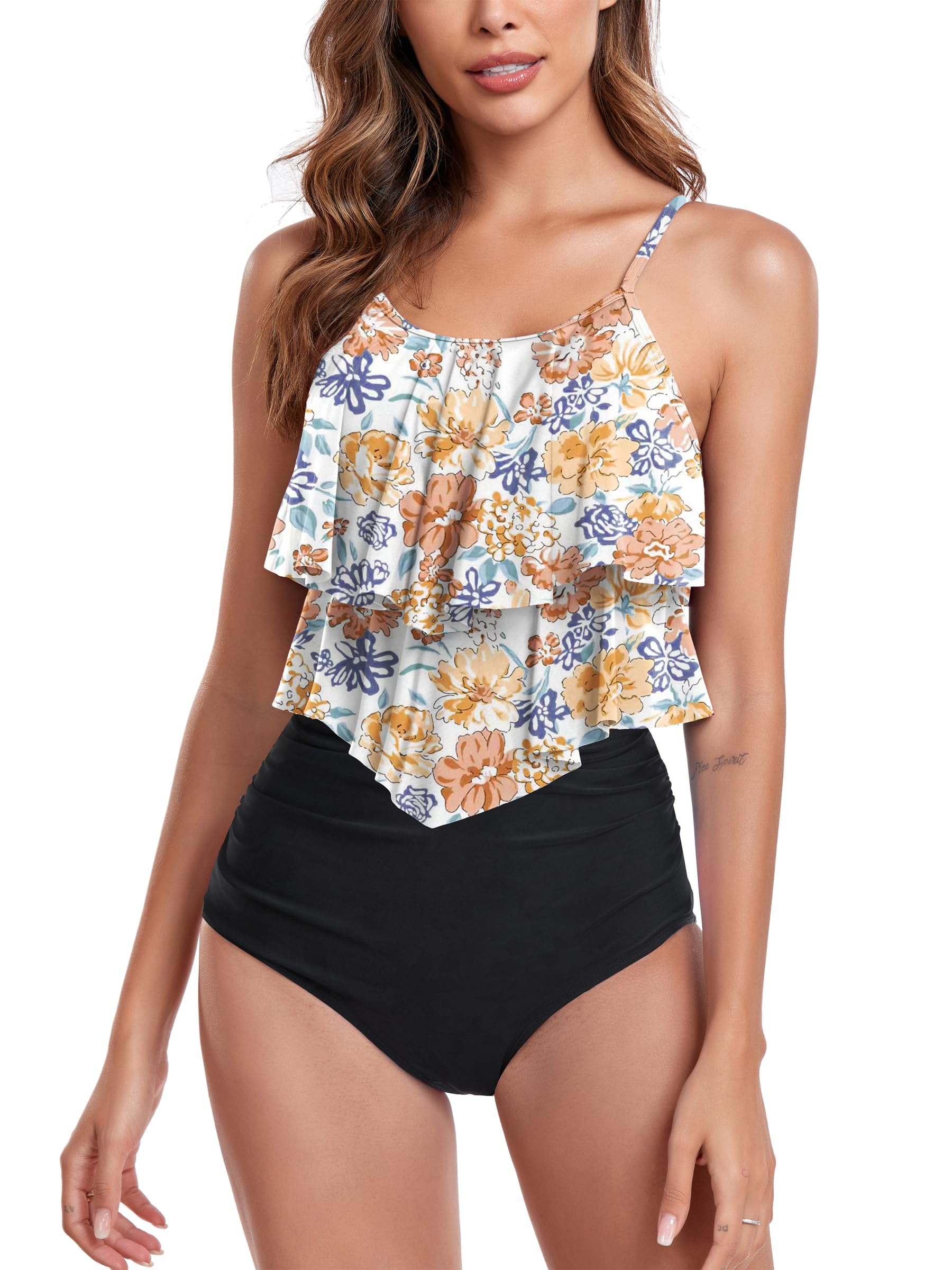 FLYILY Tankini High Waist Damen Zweiteiliger Bikini Set Badeanzug Rüschen Bedruckt Bademode mit Hoher Taille Bikinihose Tankini Oberteil Strandkleidung