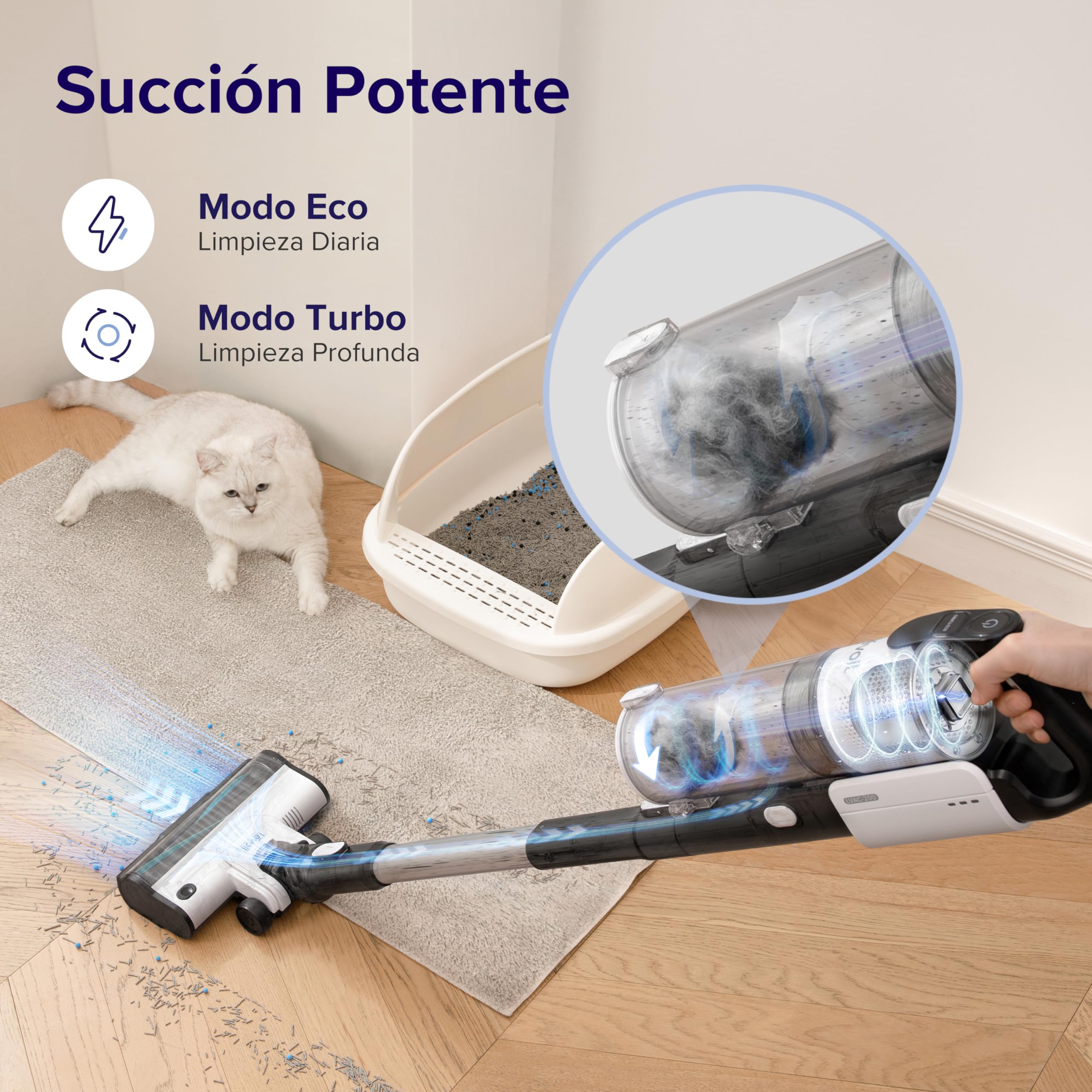LEVOIT Aspiradora sin Cable, Anti-Enredos, Aspirador Escoba Max 50min, Aspirador sin cable 4 en 1 con Batería Extraíble, 99,9% de Filtración，Aspirador para Mascotas/Alfombras/Coche/Suelos Duros