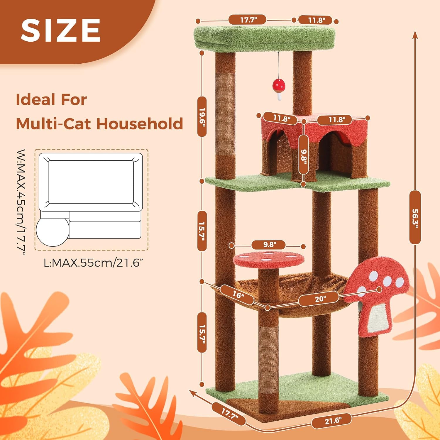 Detailed diagram showing the dimensions of the PETEPELA 56.3-inch Mushroom Cat Tree Tower, including the base, platforms, and overall height.